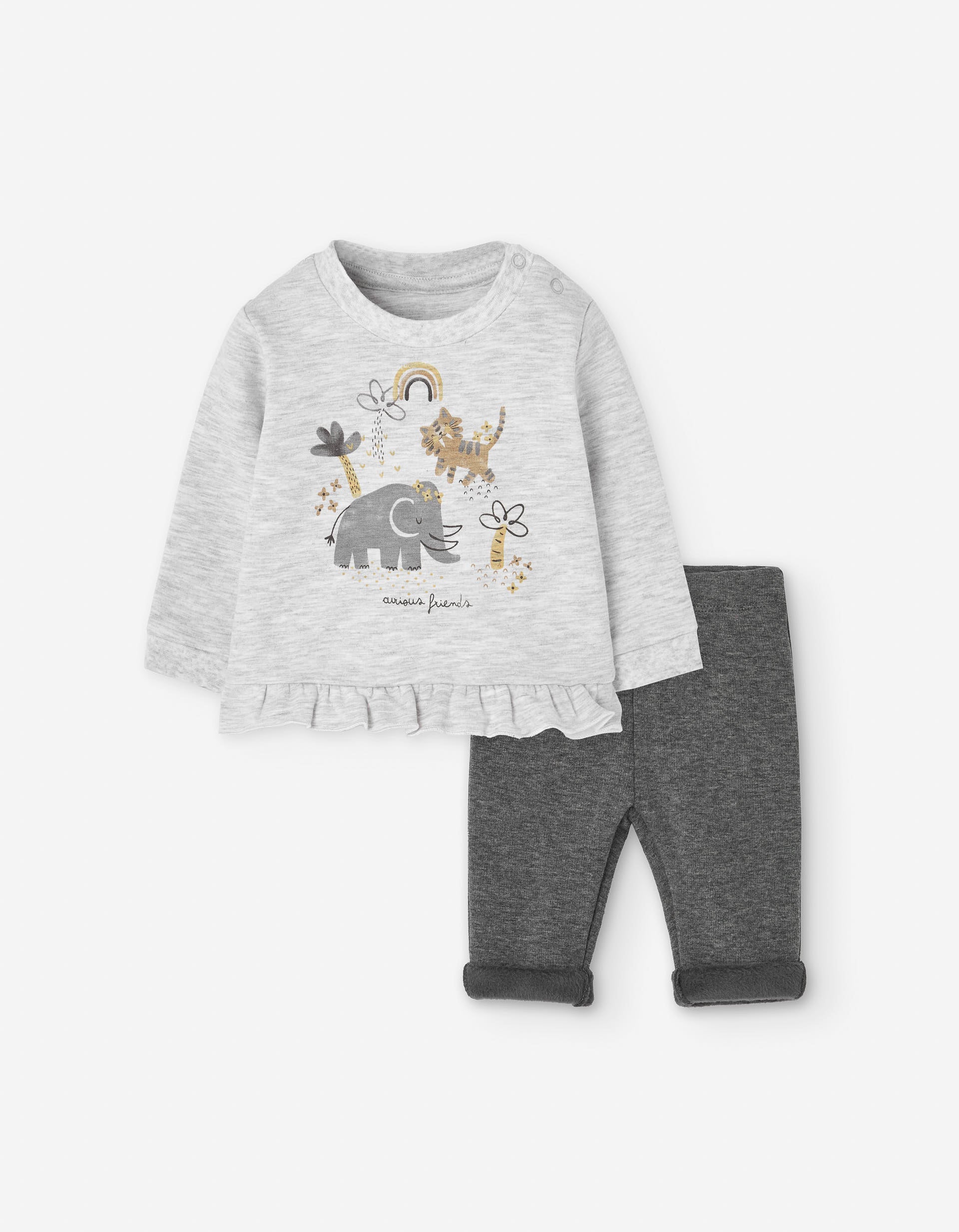Brushed sweatshirt with print and trousers for newborn girls, grey