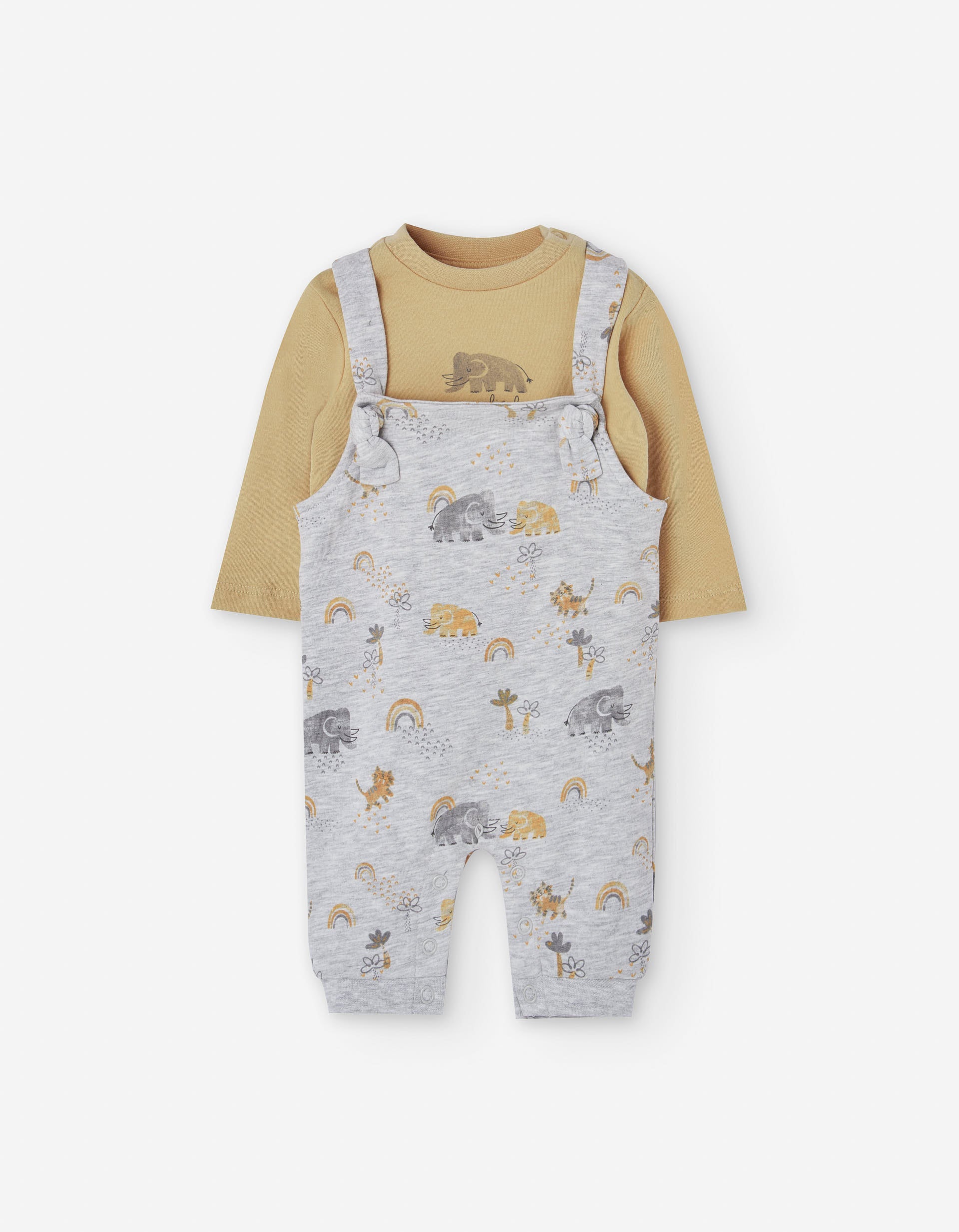 Brushed cotton T-shirt + jumpsuit for newborn boys, yellow/grey