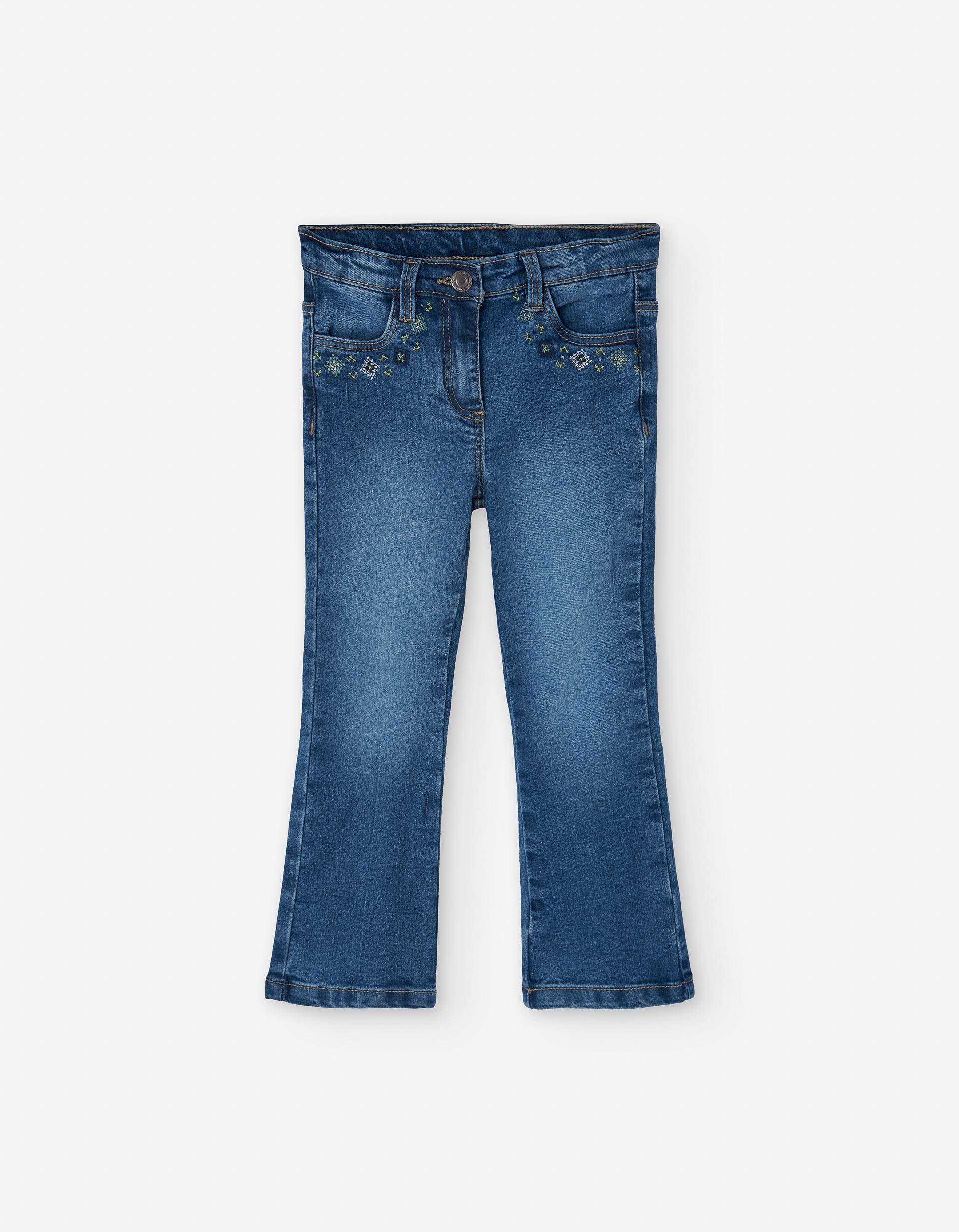 Calças de ganga à boca de sino com bordado para menina, azul