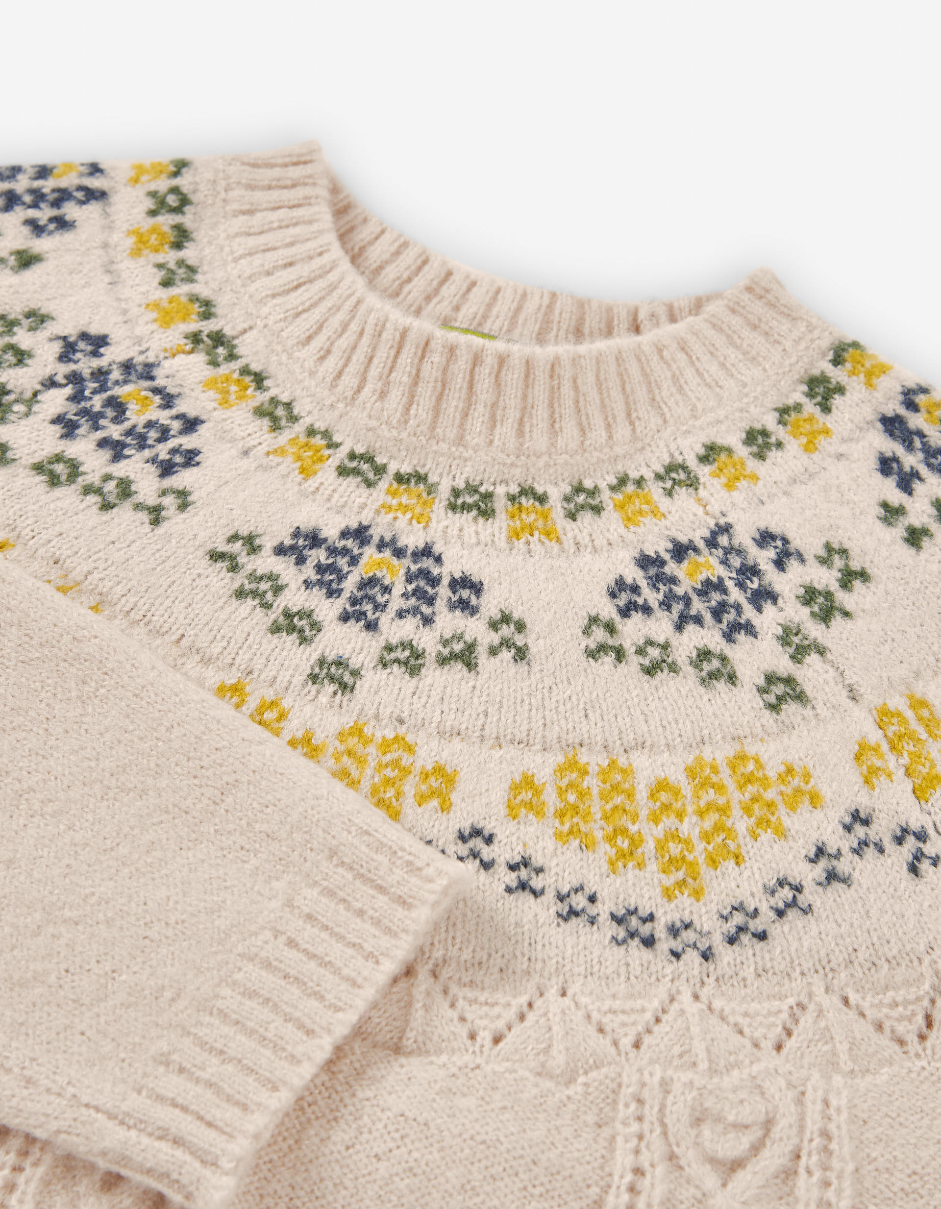Knitted jumper with jacquard and cable details for girls, beige