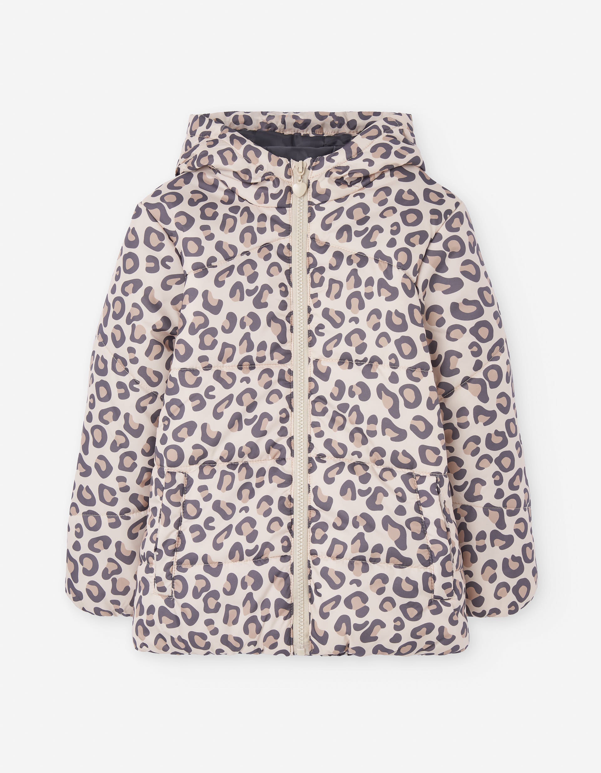 Hooded puffer jacket with leopard print for girls, beige
