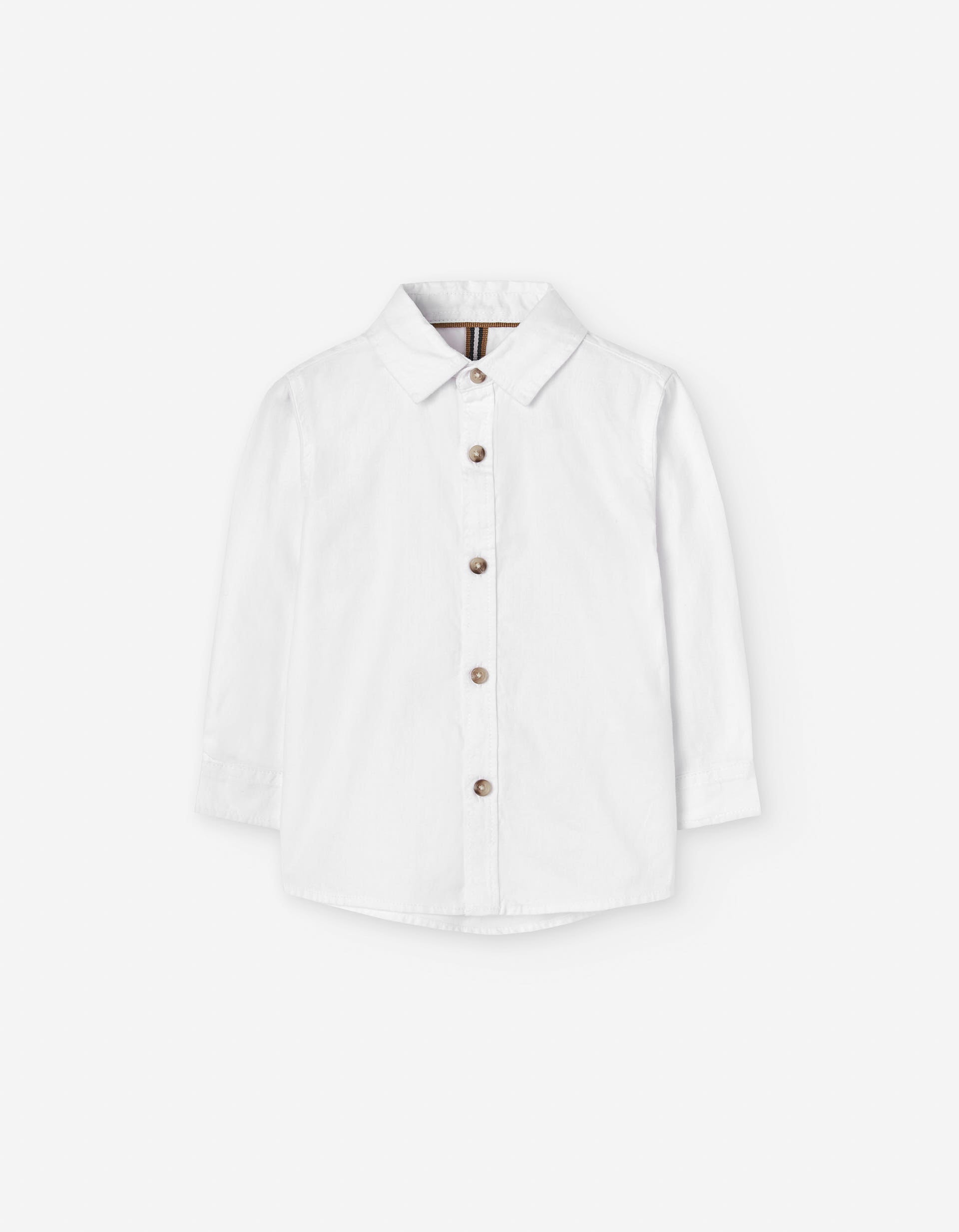 Camisa de manga comprida de algodão com botões para bebé menino, branco