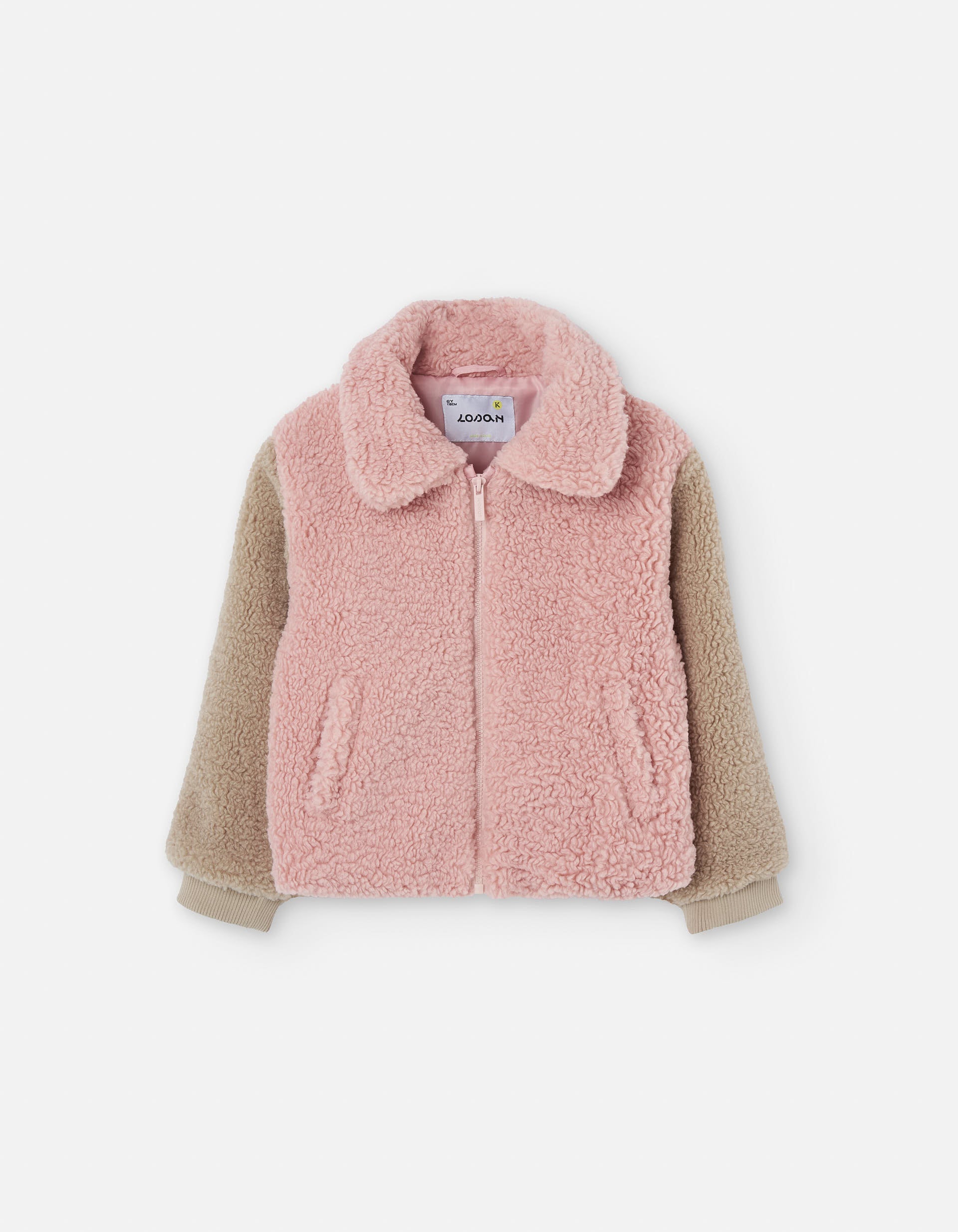 Synthetic sherpa jacket for girls, light pink/brown