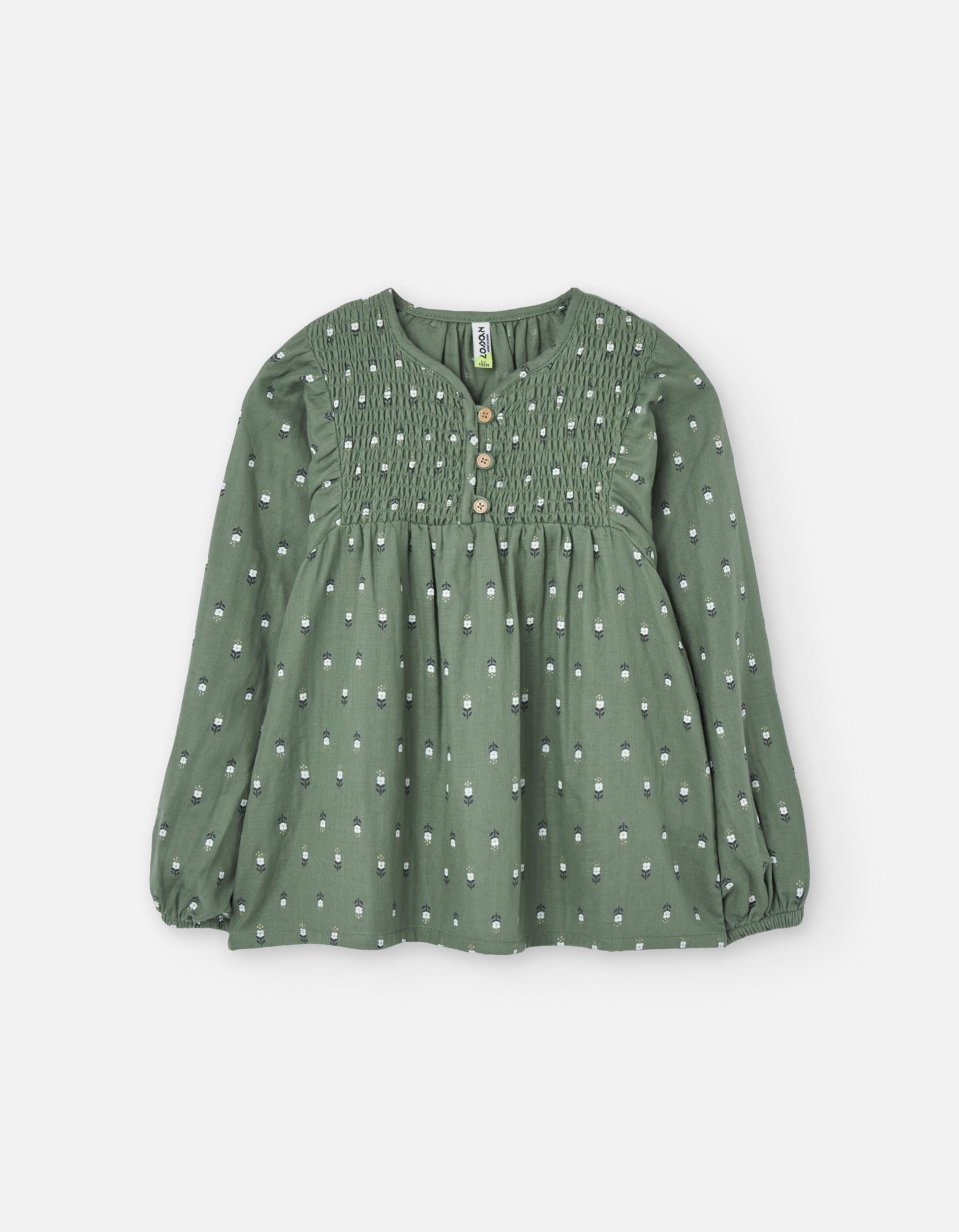 Cotton blouse with floral motif and puffy sleeves for girls, green