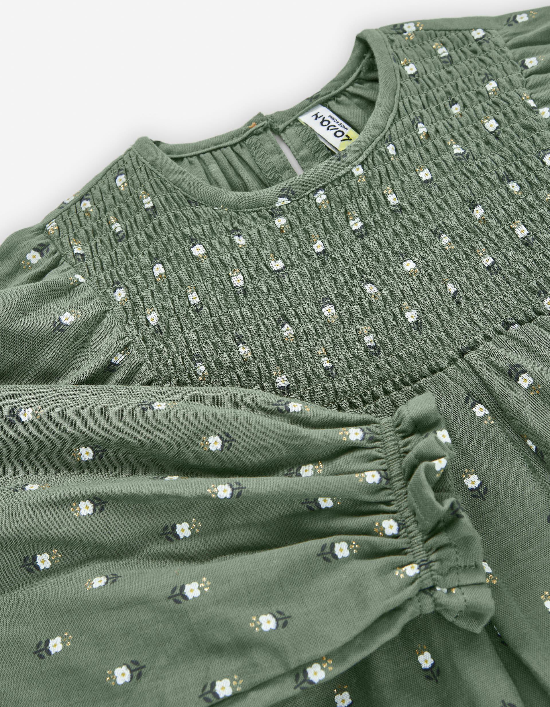 Vestido de algodão com motivo floral e mangas balão para menina, verde