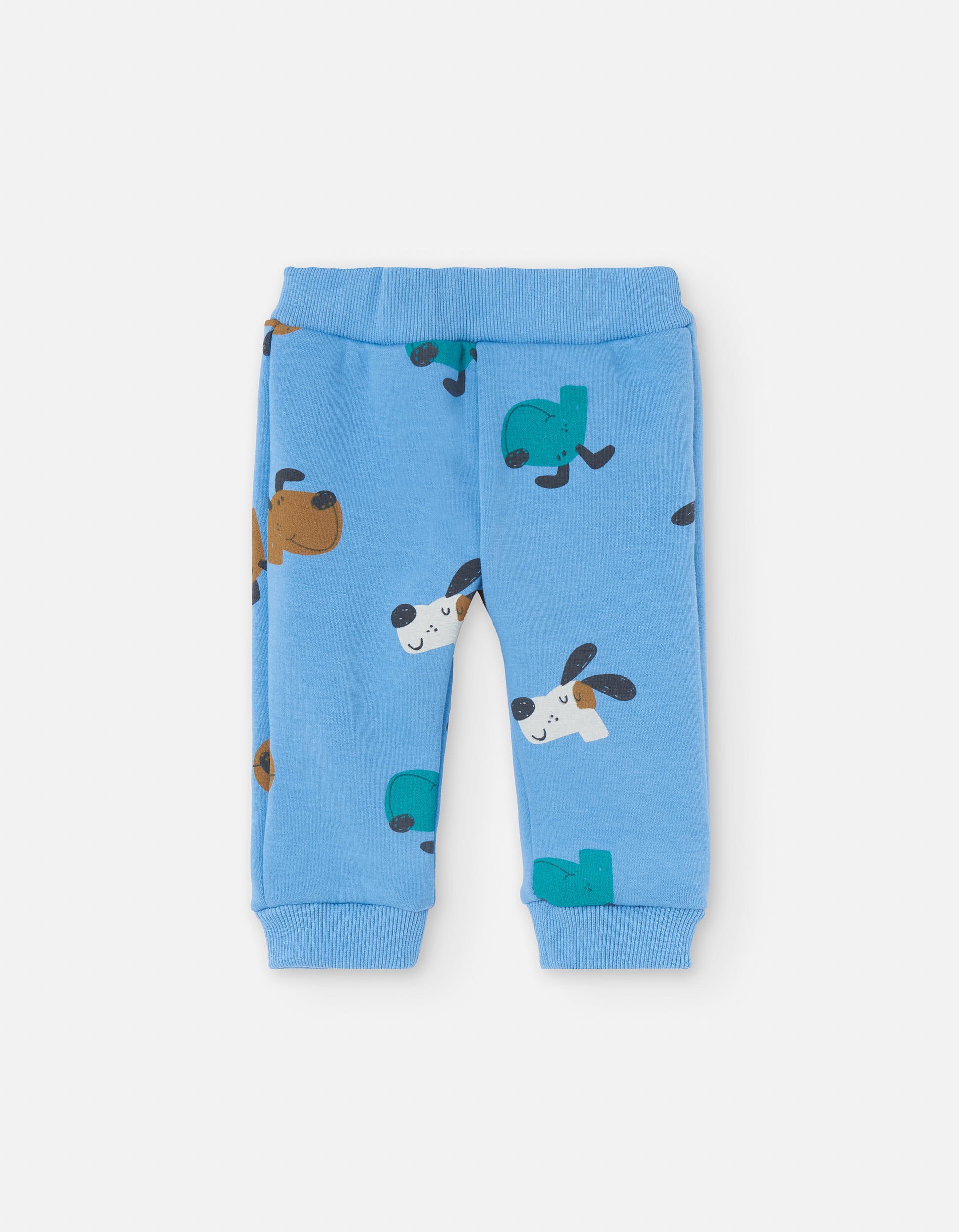 Joggers with plush lining and dog motif for baby boys, blue