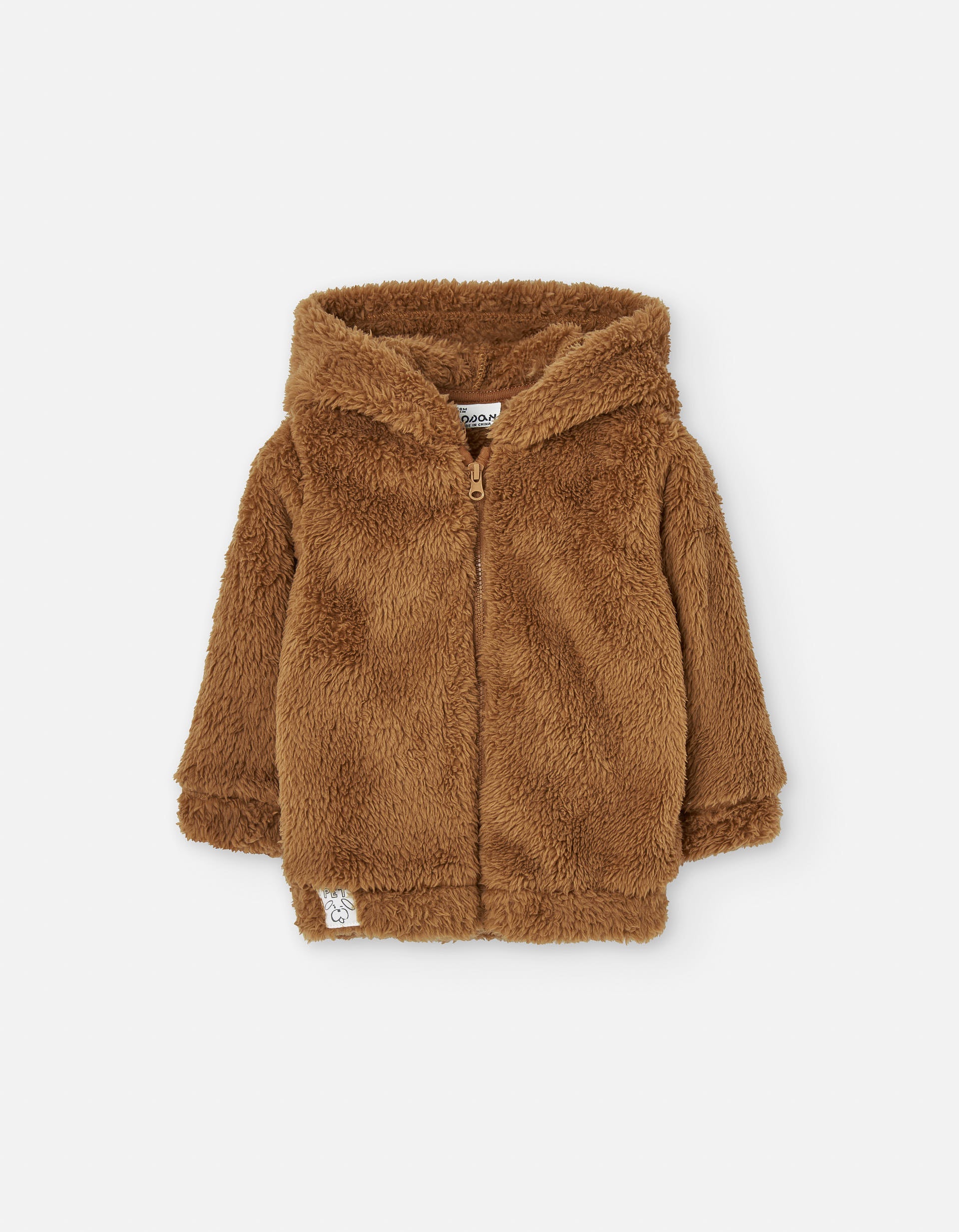 Hooded jacket in synthetic fur for baby boys, brown