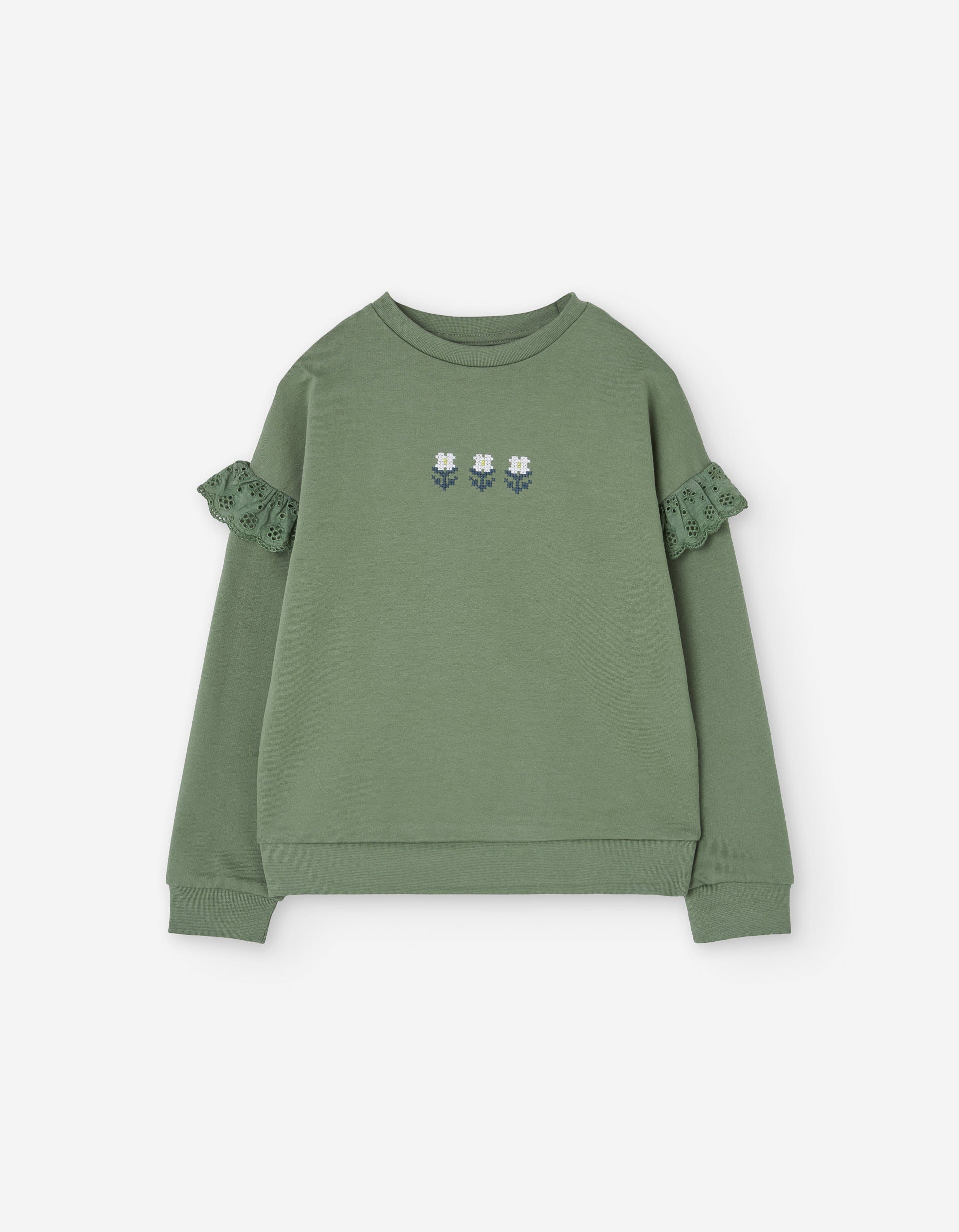 Sweatshirt with ruffles and embroidery for girls, green