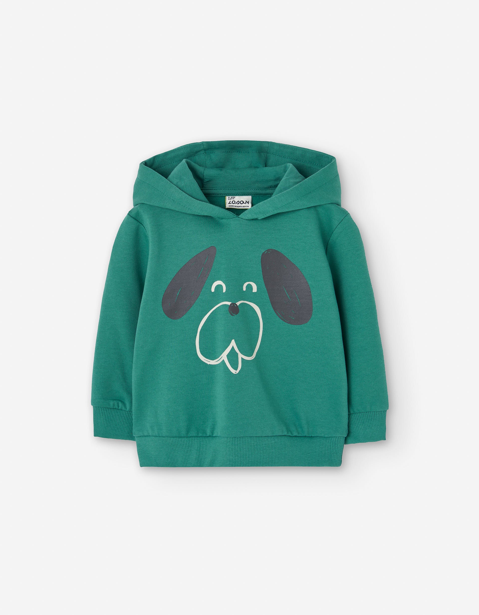 Cotton hooded sweatshirt with dog print for baby boys, green