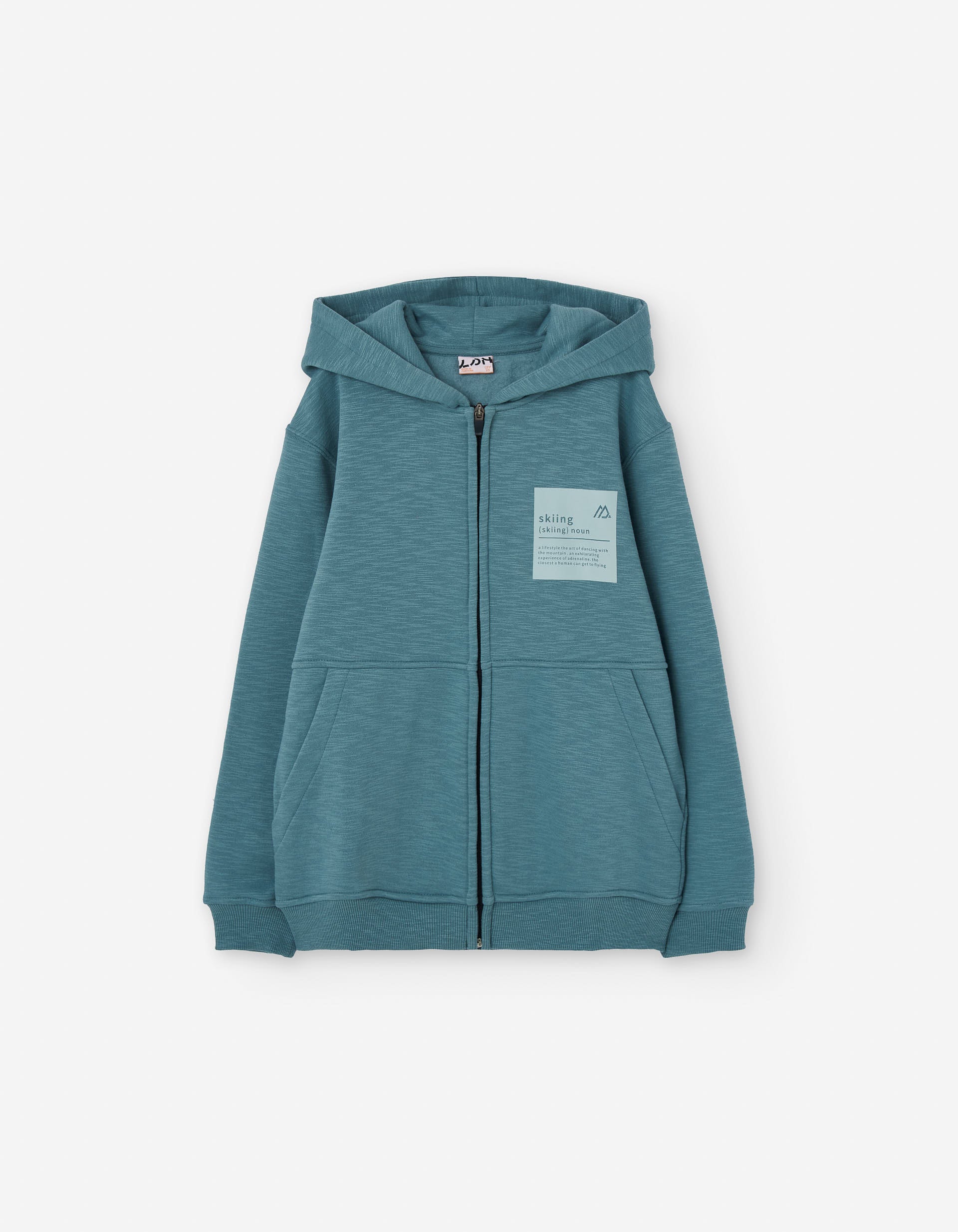 Brushed hooded jacket with skiing prints for boys, blue