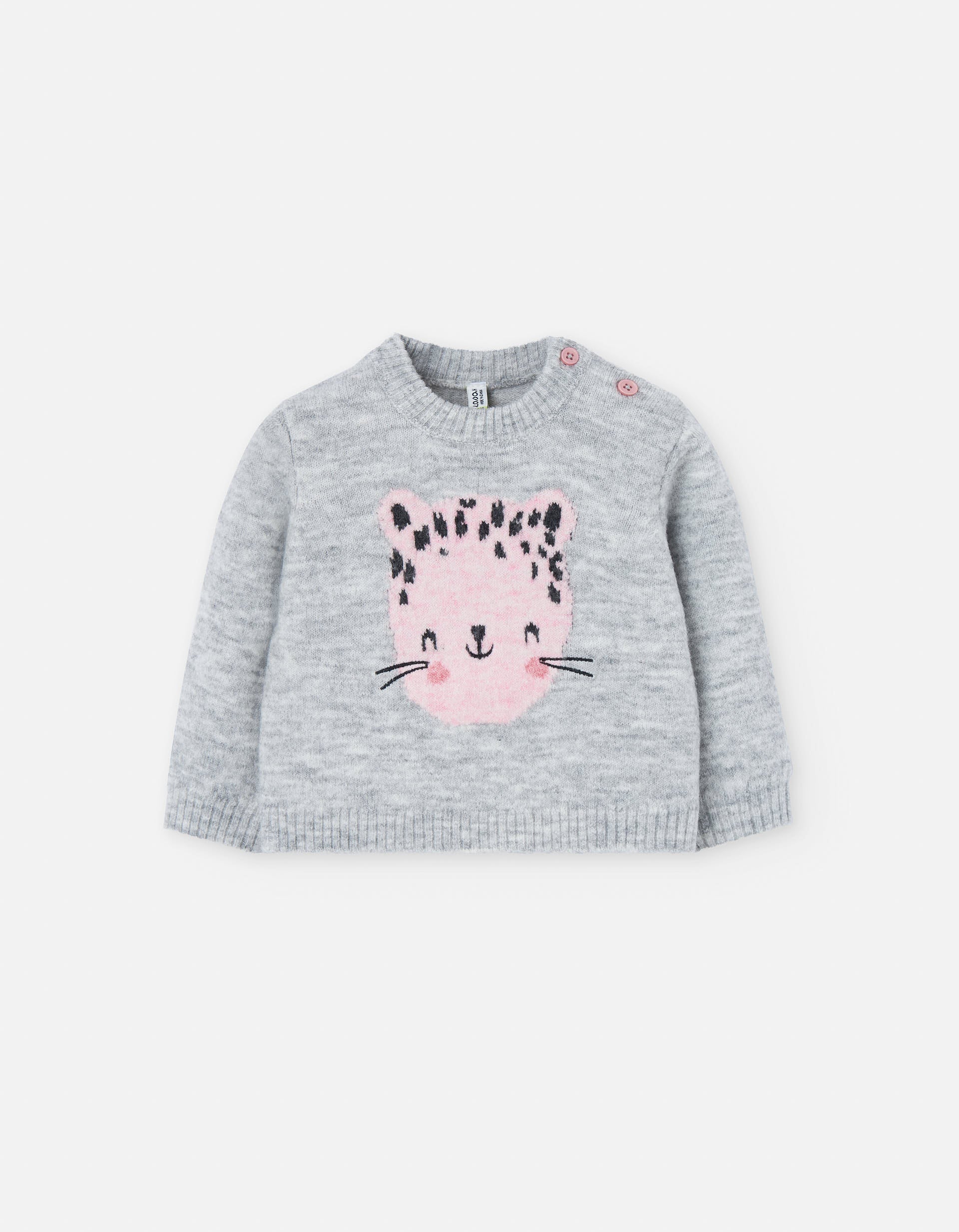 Knitted jumper with jacquard cat for baby girls, grey/pink