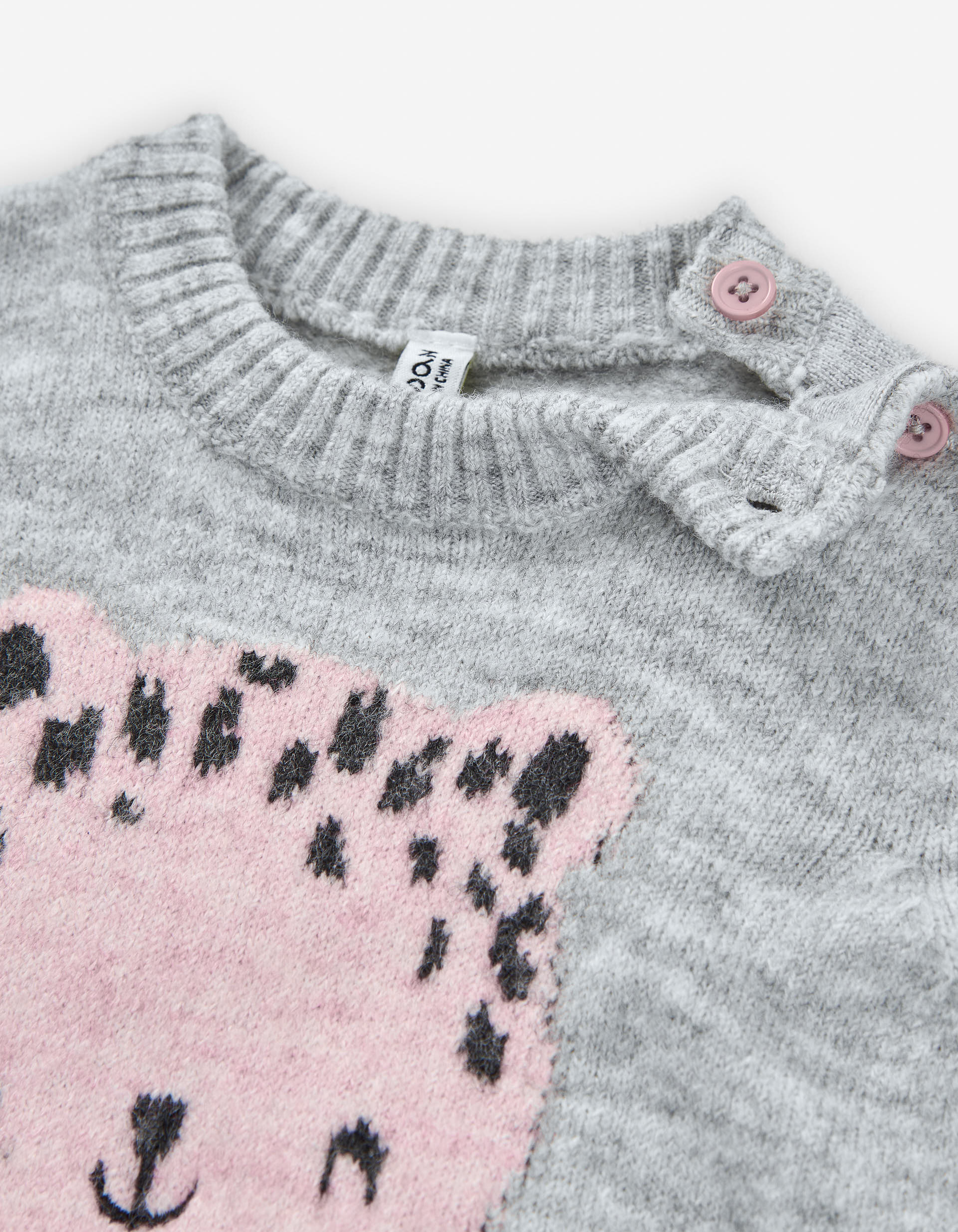 Knitted jumper with jacquard cat for baby girls, grey/pink