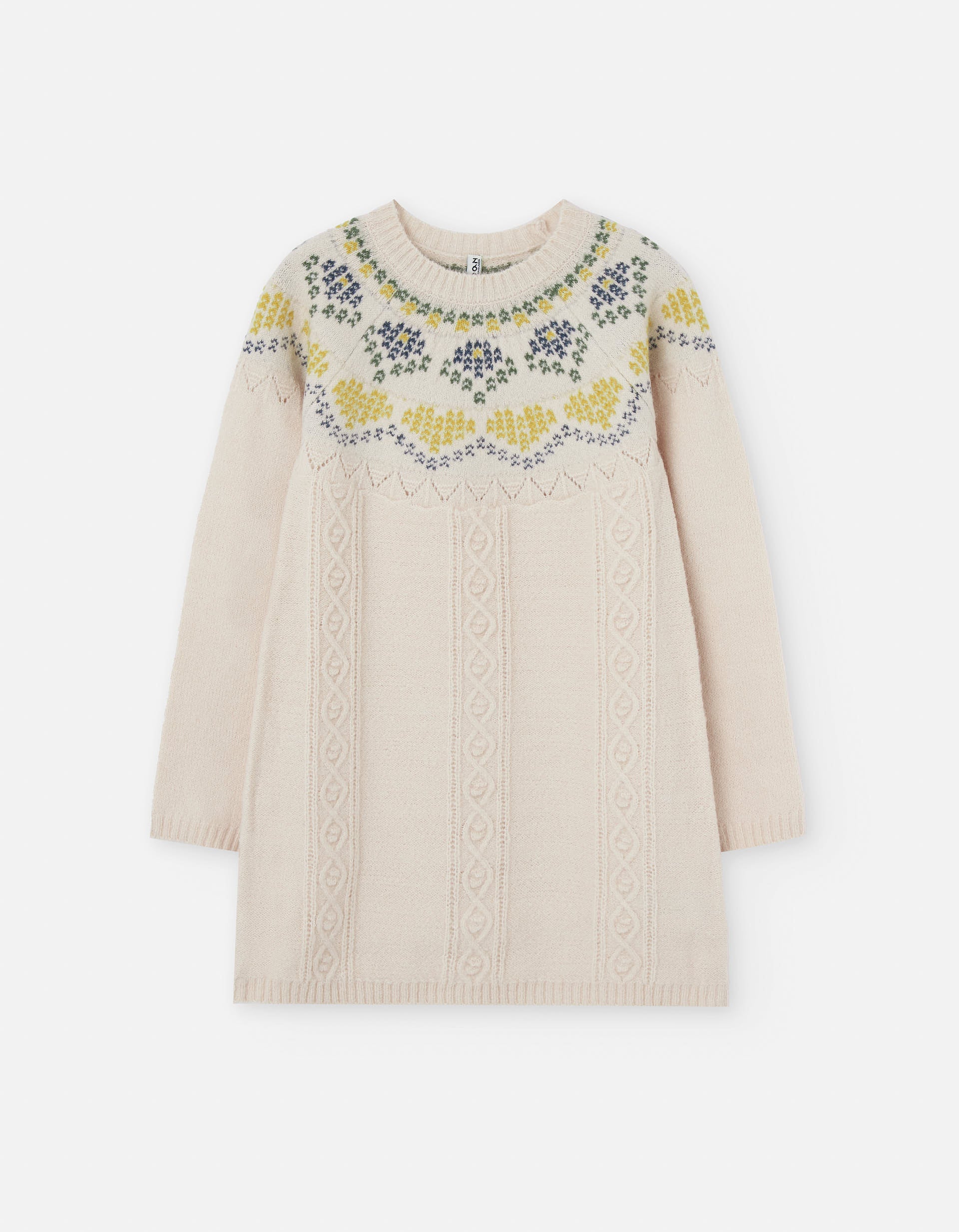 Vestido de malha com jacquard e detalhes entrançados para menina, bege