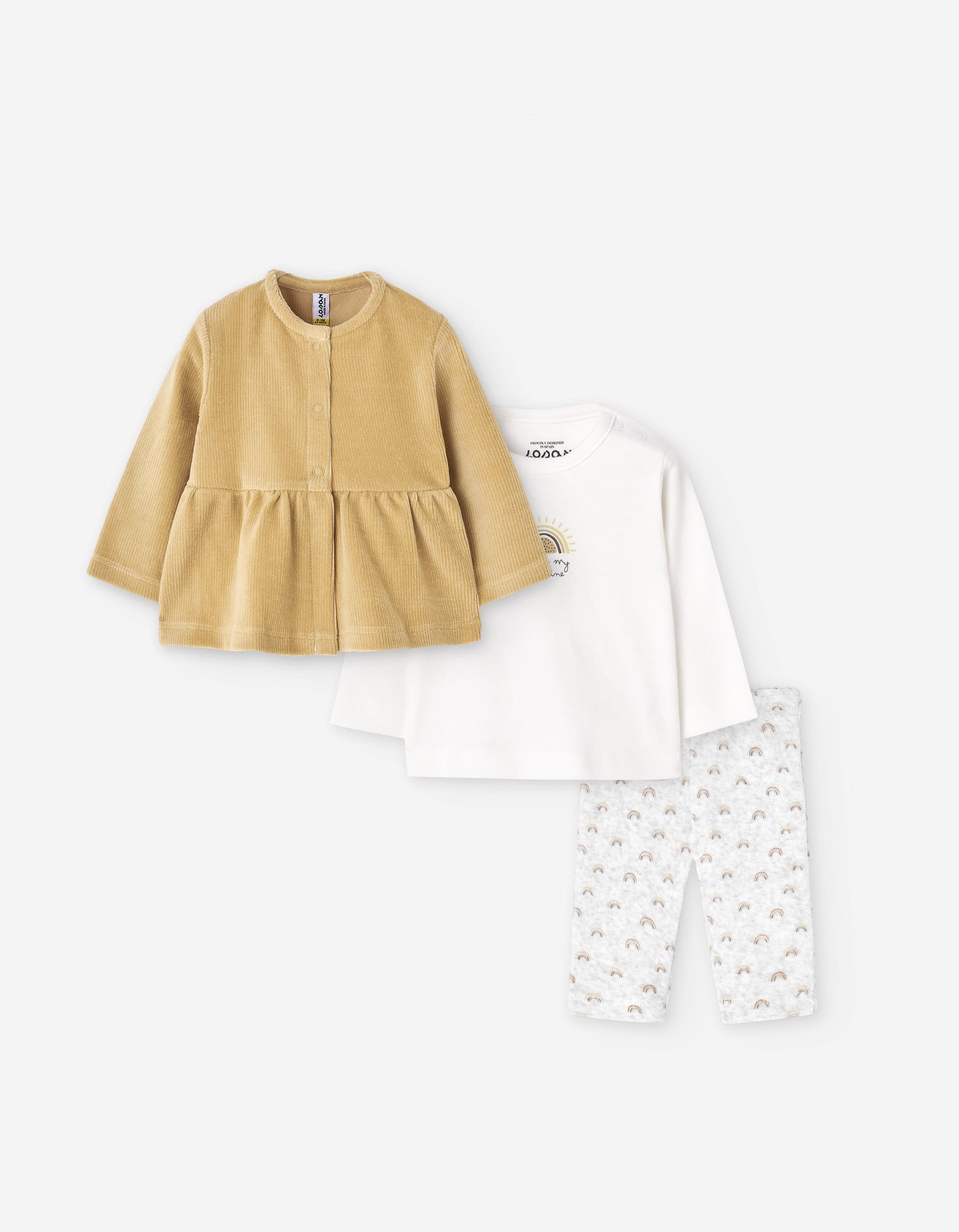 3-piece set with sun and rainbow prints for newborn girls, white/yellow