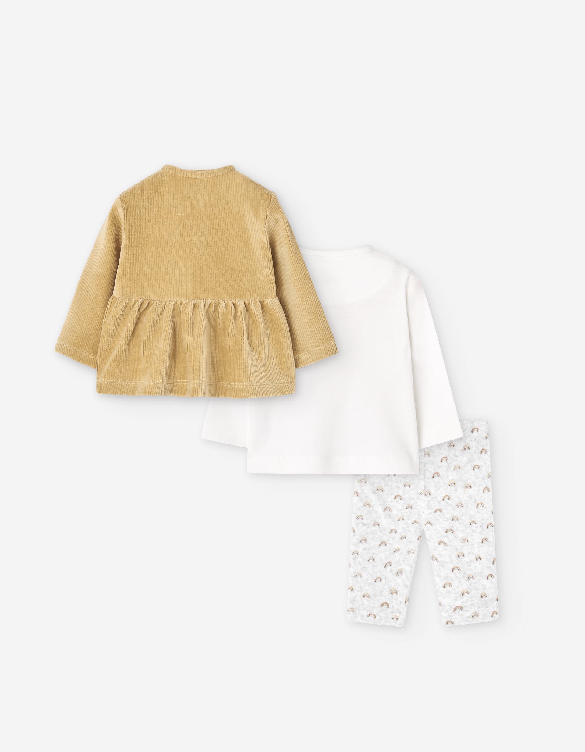 3-piece set with sun and rainbow prints for newborn girls, white/yellow