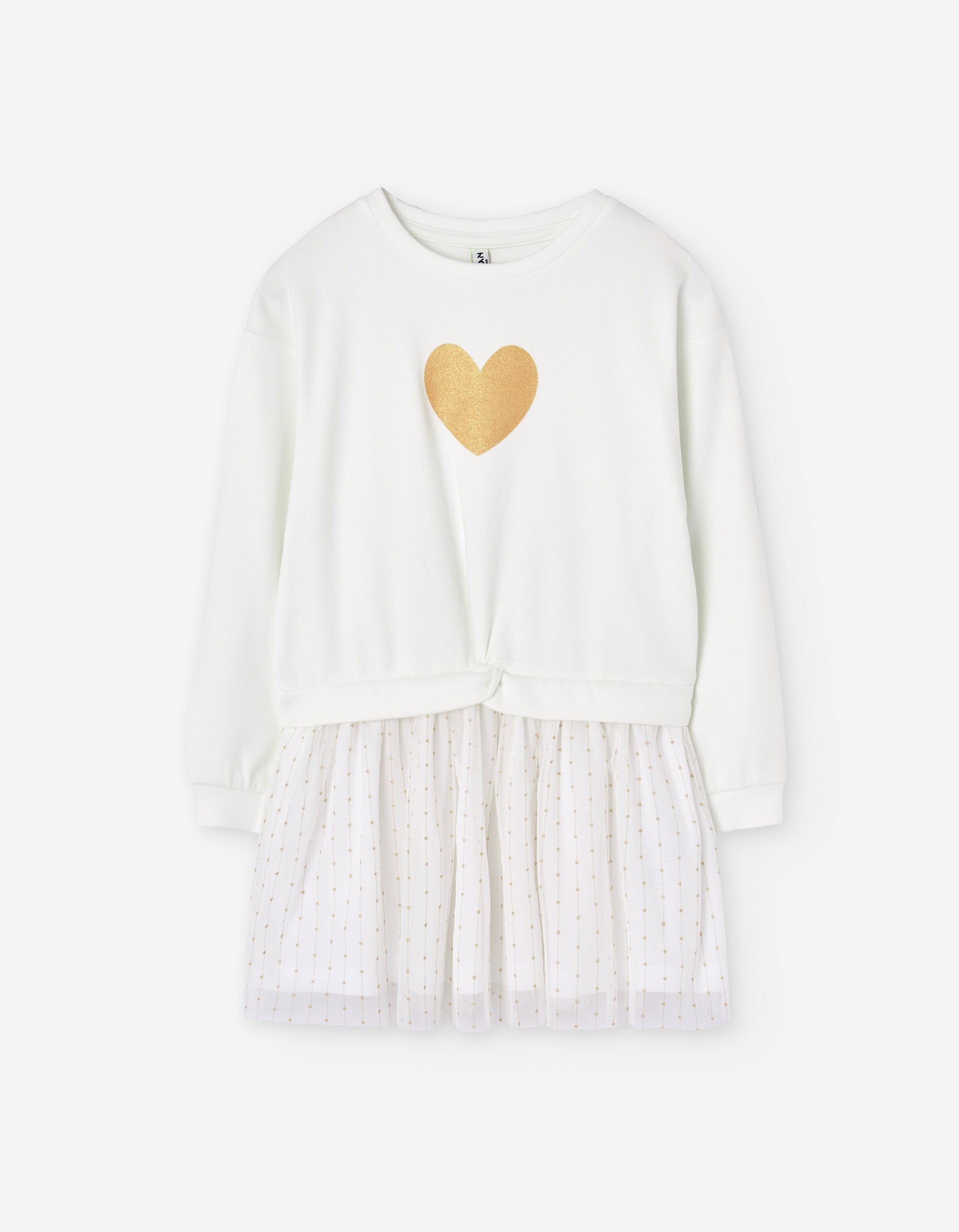 Vestido combinado com coração estampado e saia de tule para menina, branco