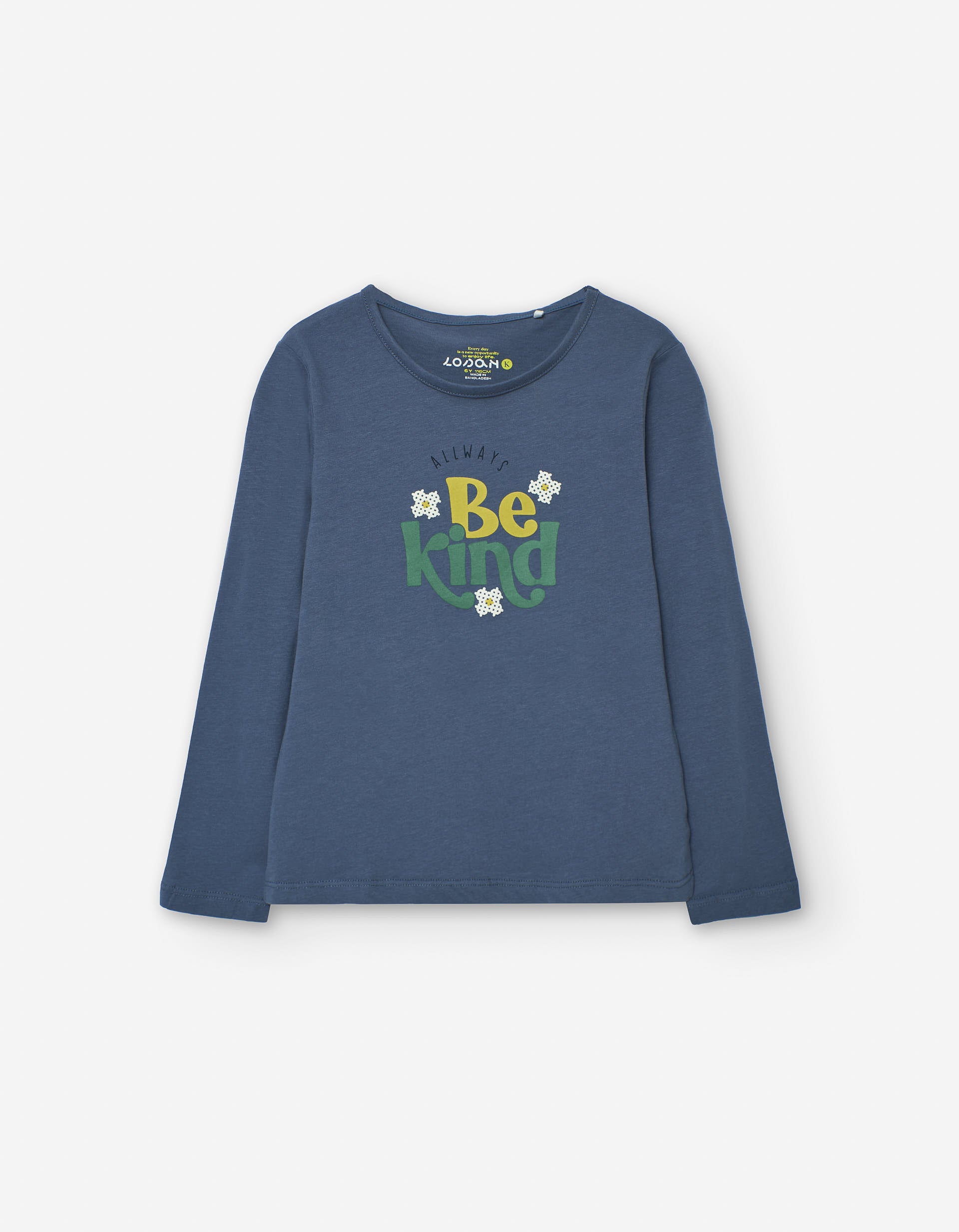 Long sleeve cotton T-shirt with 'be kind' print for girls, blue