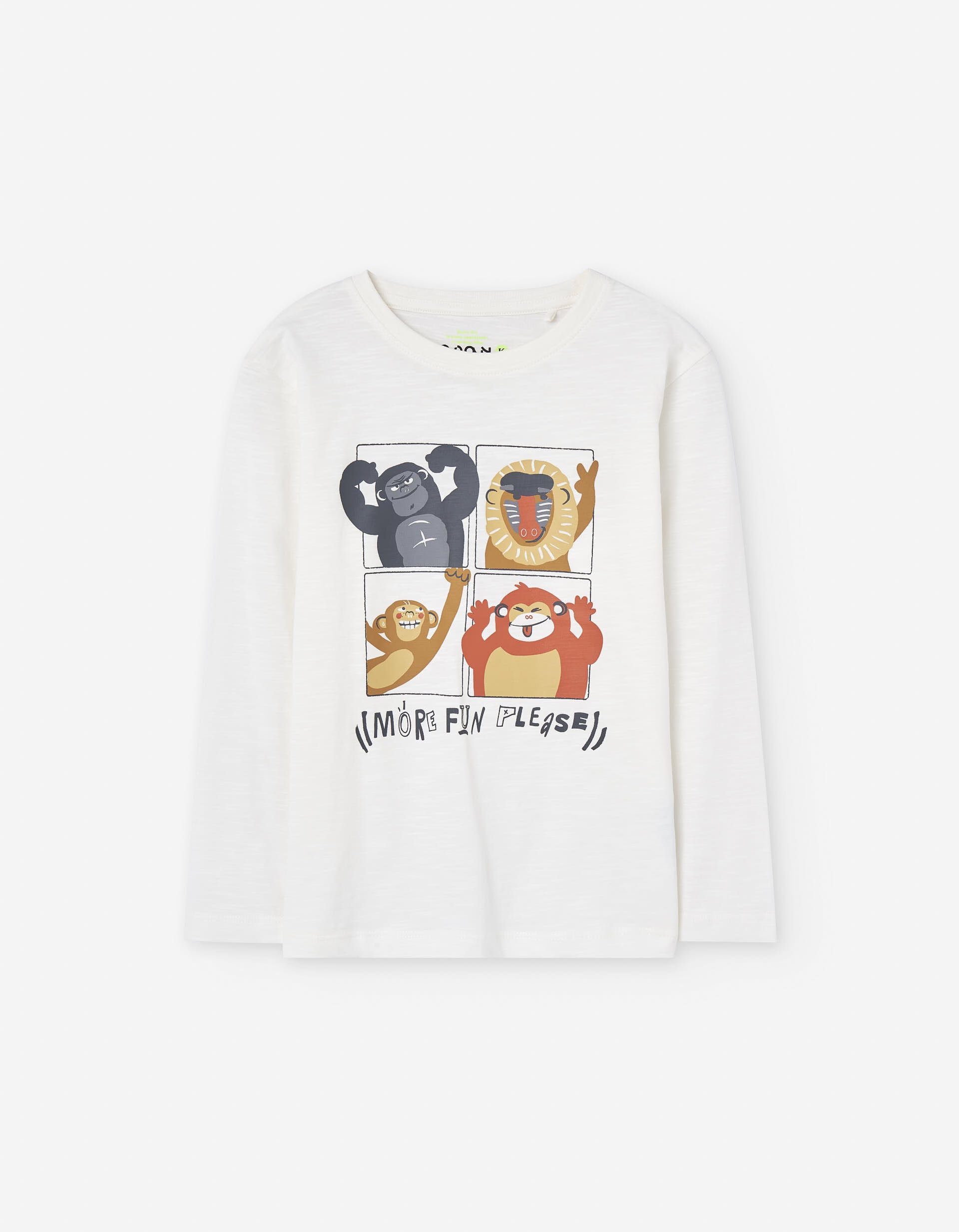 Long sleeve cotton T-shirt with jungle animals print for boys, white