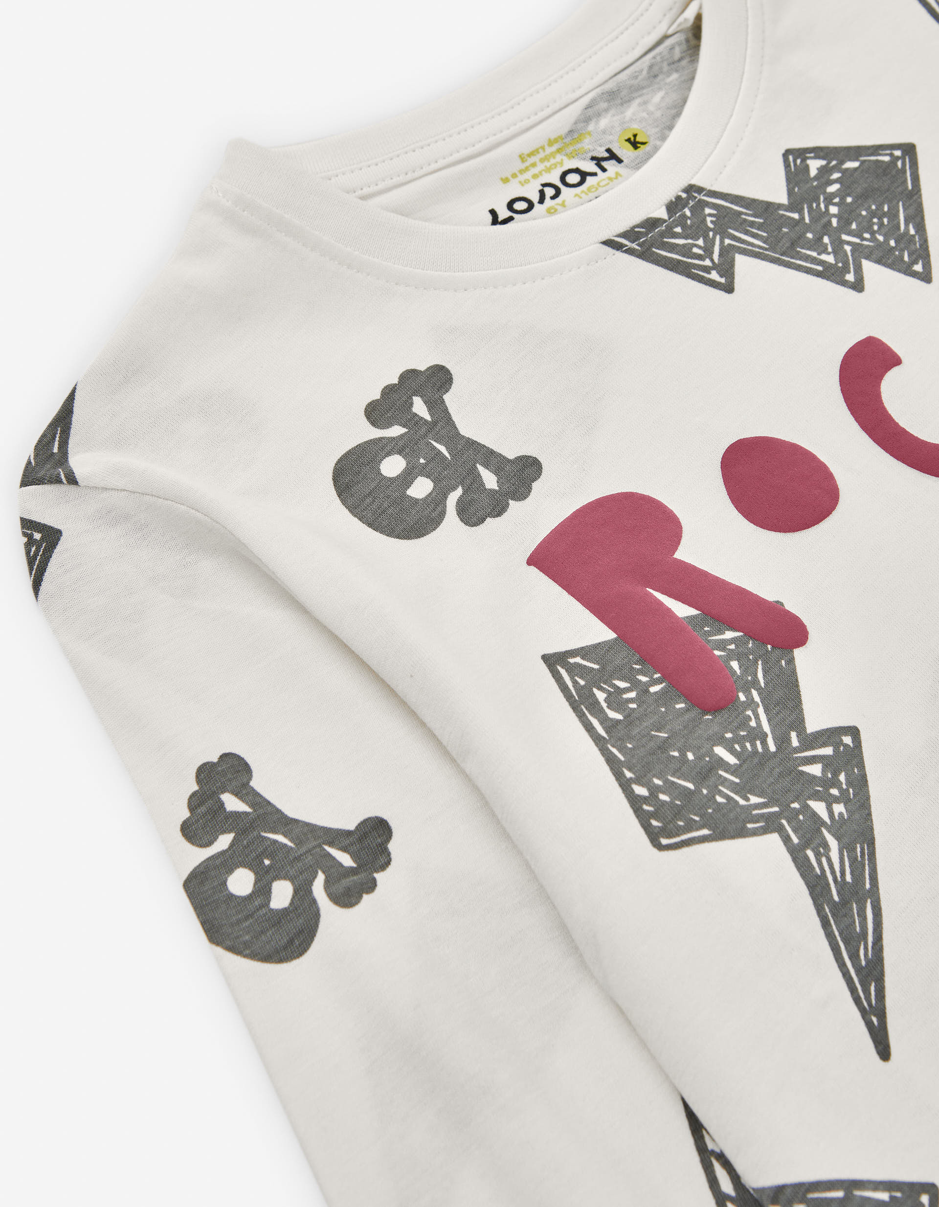 Long sleeve cotton T-shirt with 'rock' print for boys, multicolour