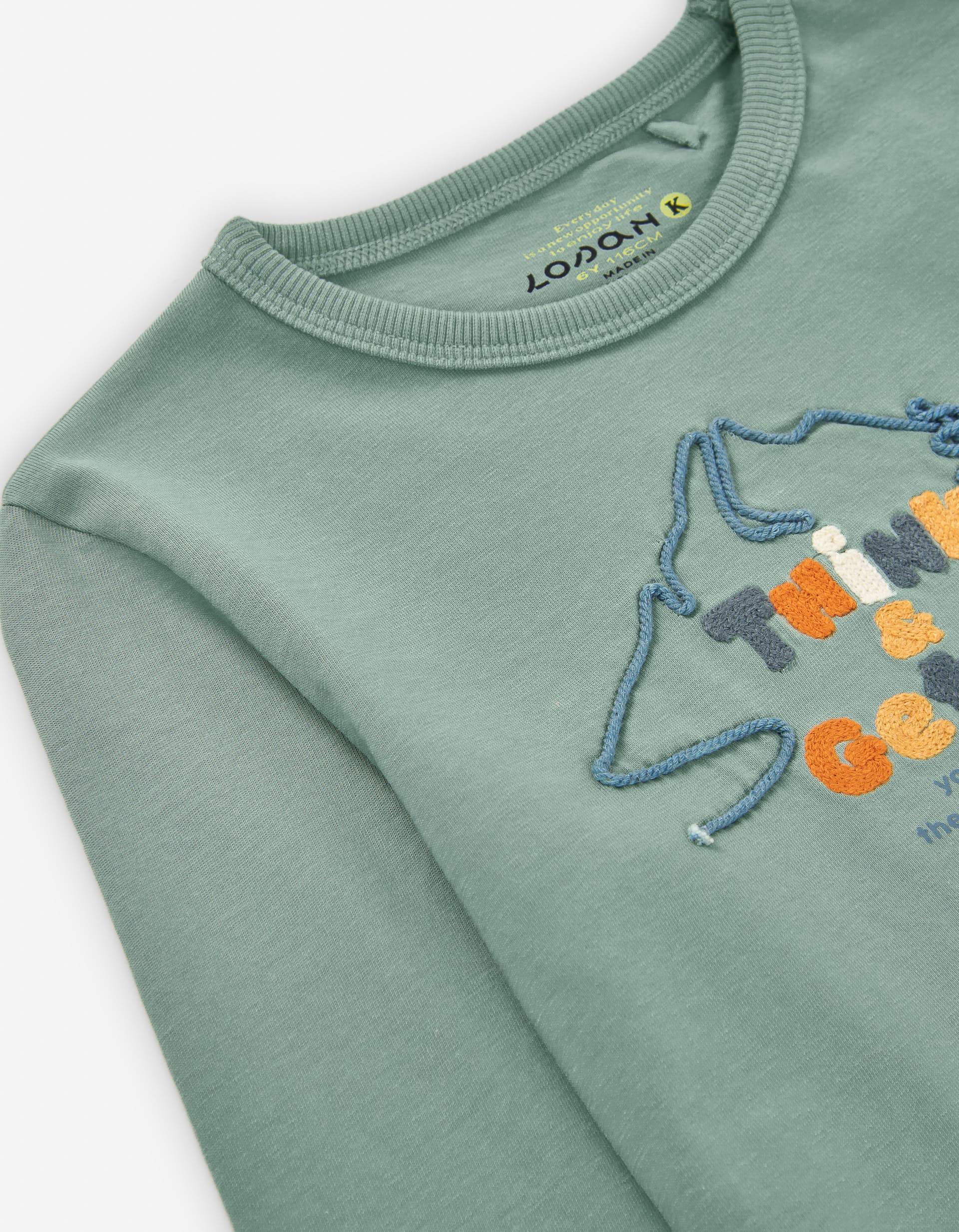 Long sleeve cotton T-shirt with mountain embroidery for boys, green