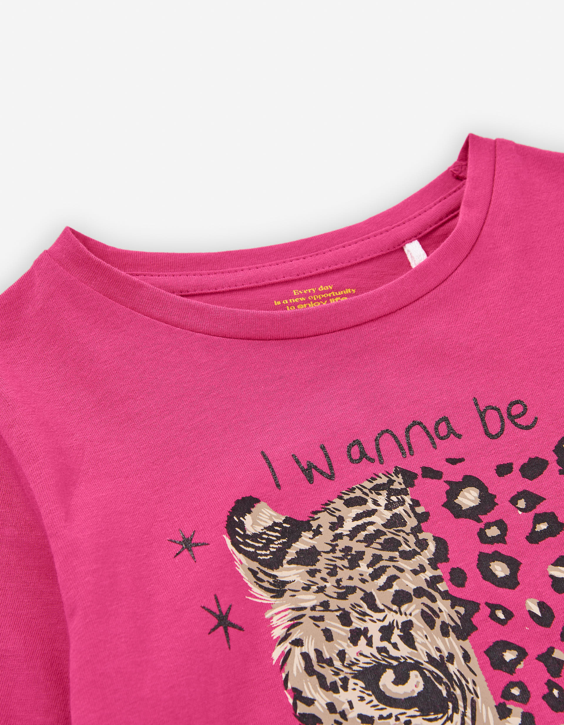 Long sleeve cotton T-shirt with a leopard front print for girls, pink