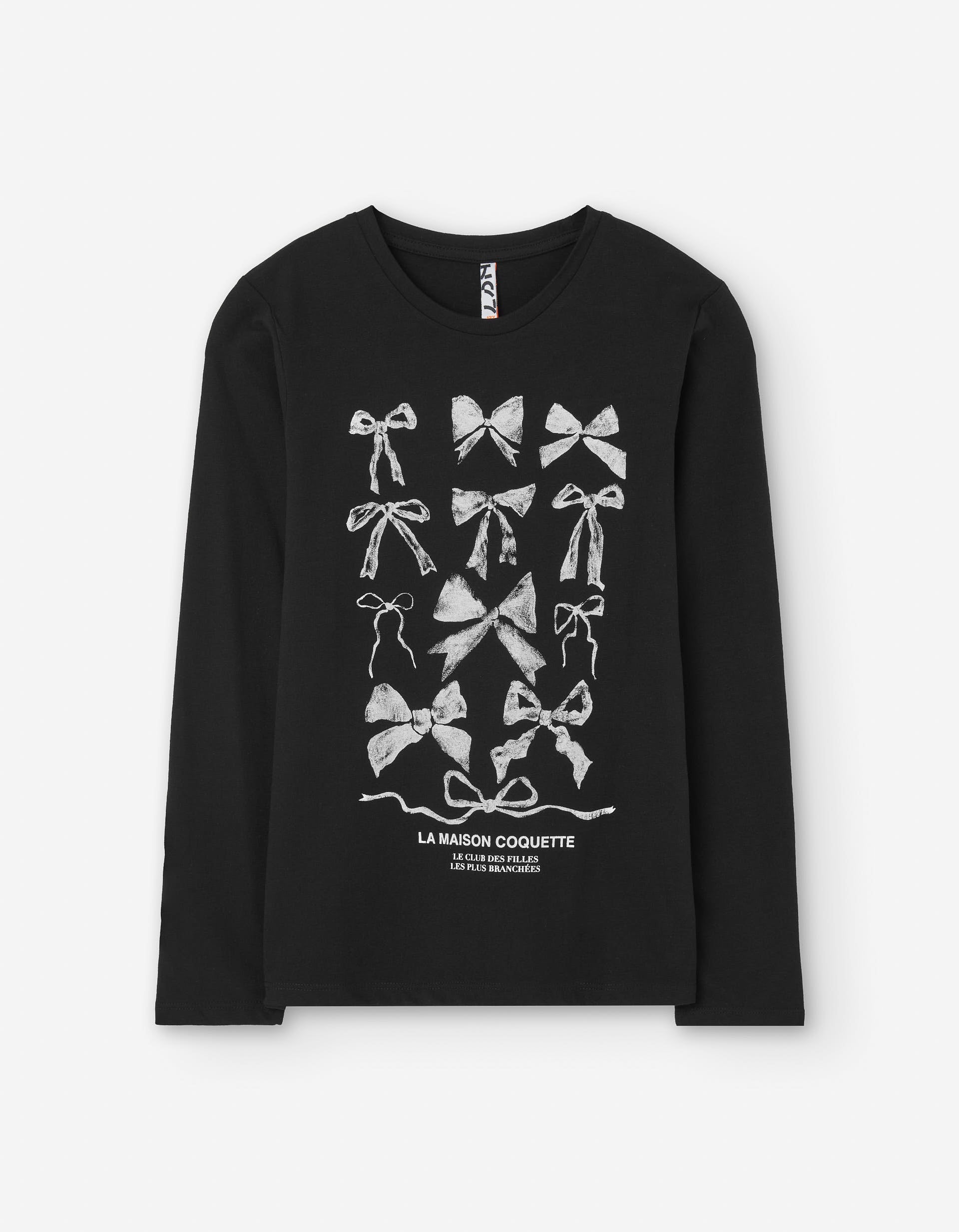 Long sleeve cotton T-shirt with printed bows for girls, black