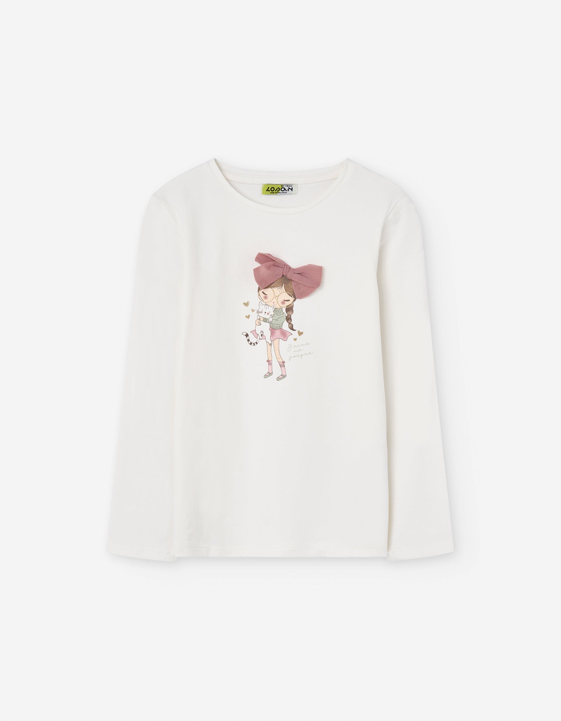 Long sleeve T-shirt with front print and 3D bow for girls, white