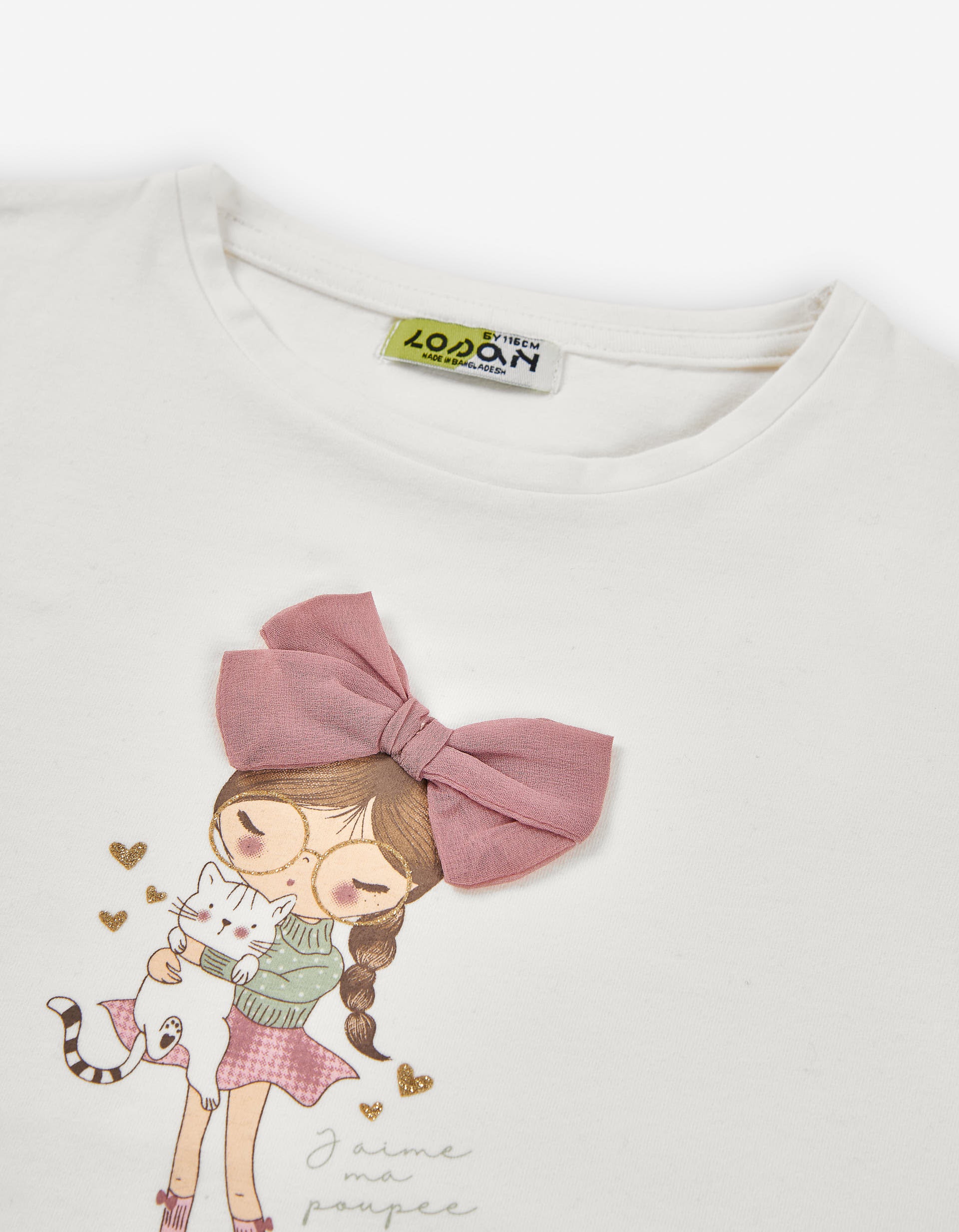 Long sleeve T-shirt with front print and 3D bow for girls, white