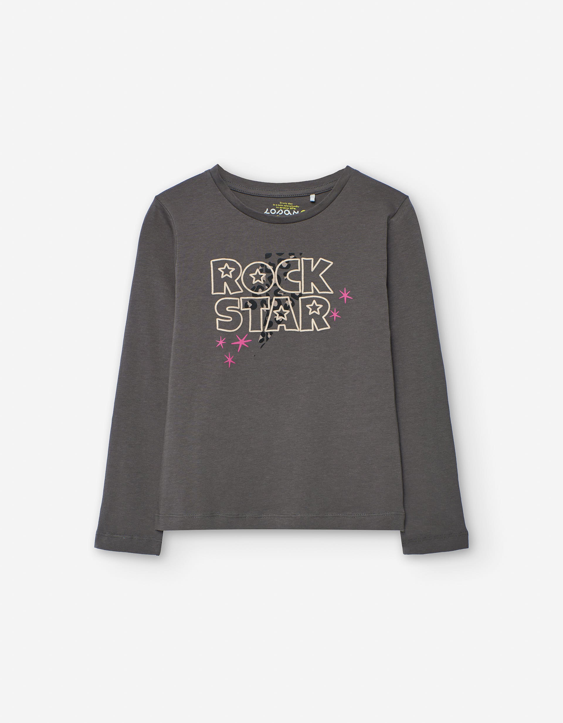 Long sleeve cotton T-shirt with 'rock star' print for girls, dark grey