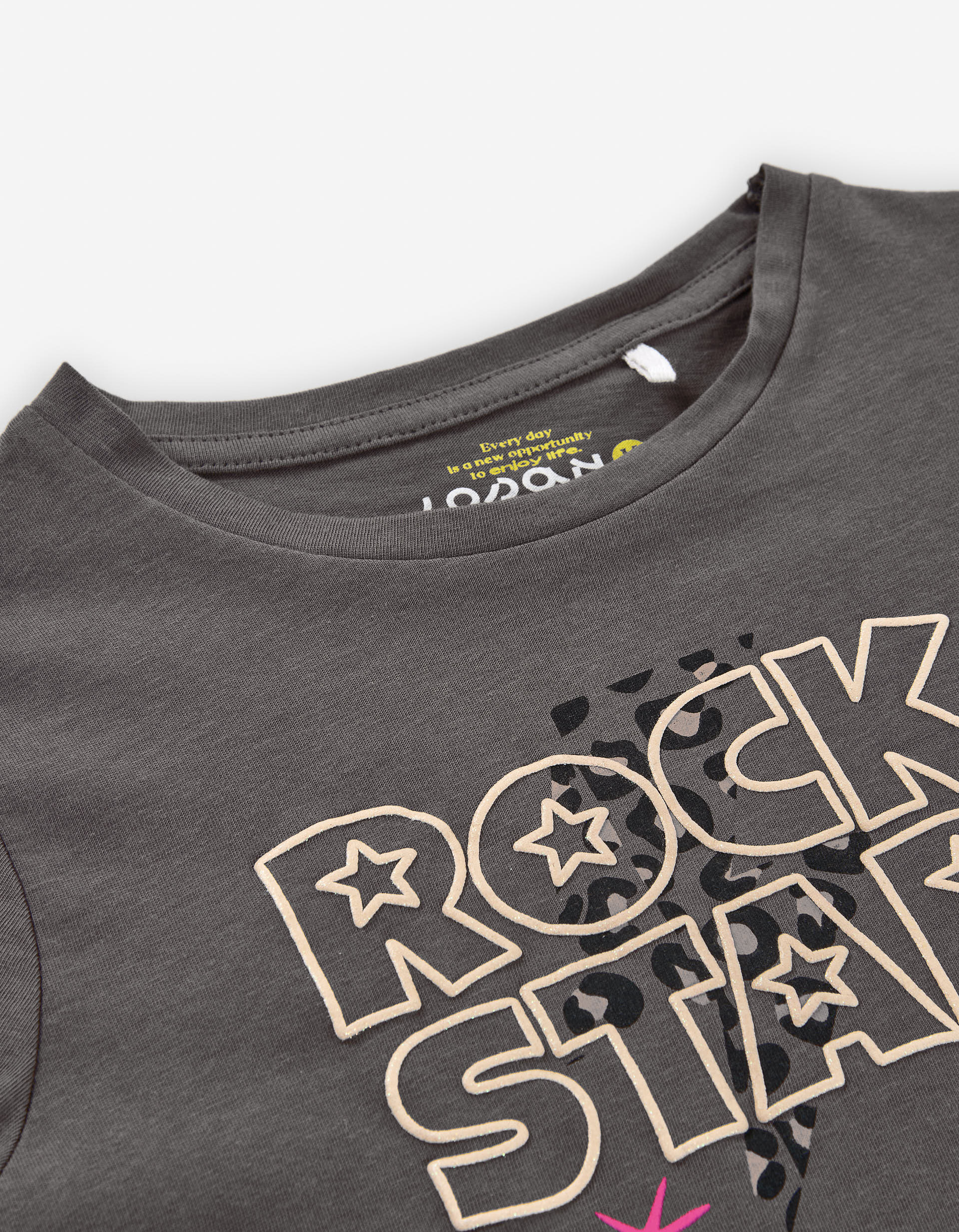 Long sleeve cotton T-shirt with 'rock star' print for girls, dark grey