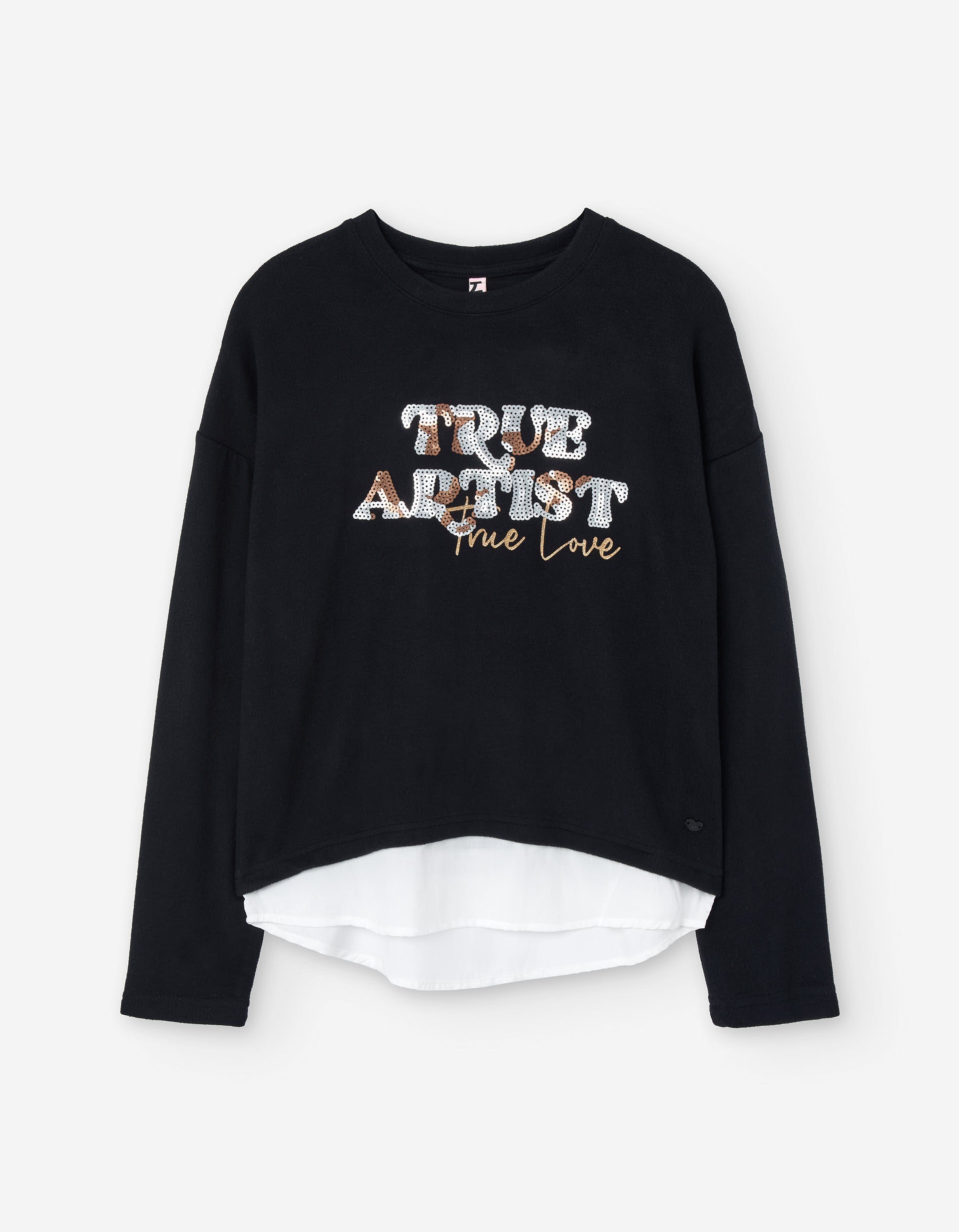 Long sleeve T-shirt with front print and sequins for girls, black