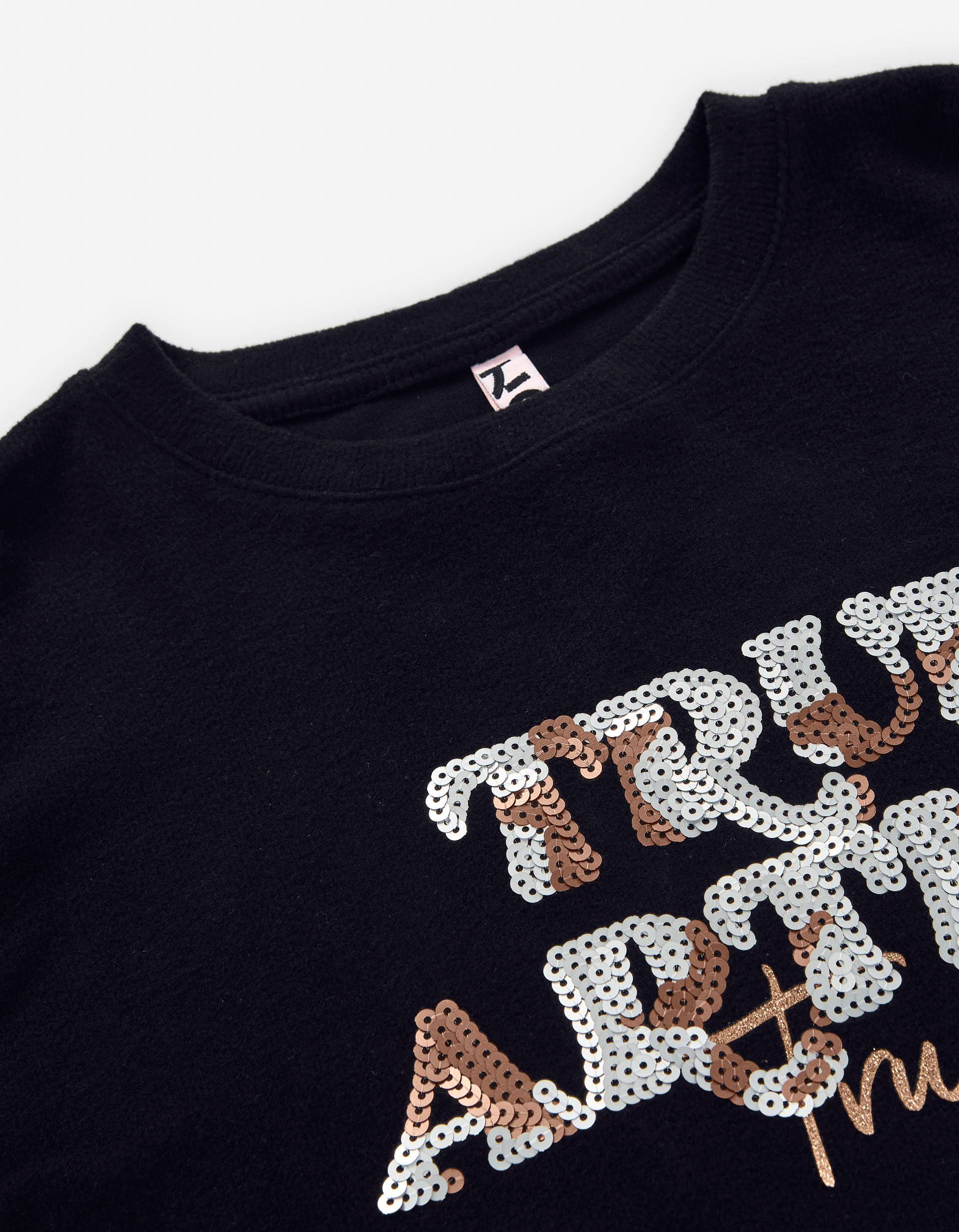 Long sleeve T-shirt with front print and sequins for girls, black