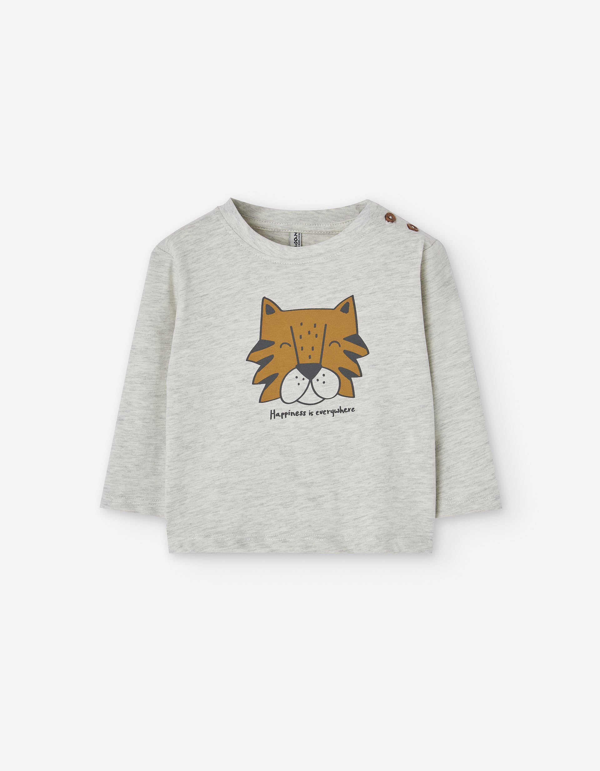 Long sleeve cotton T-shirt with tiger print for baby boys, grey