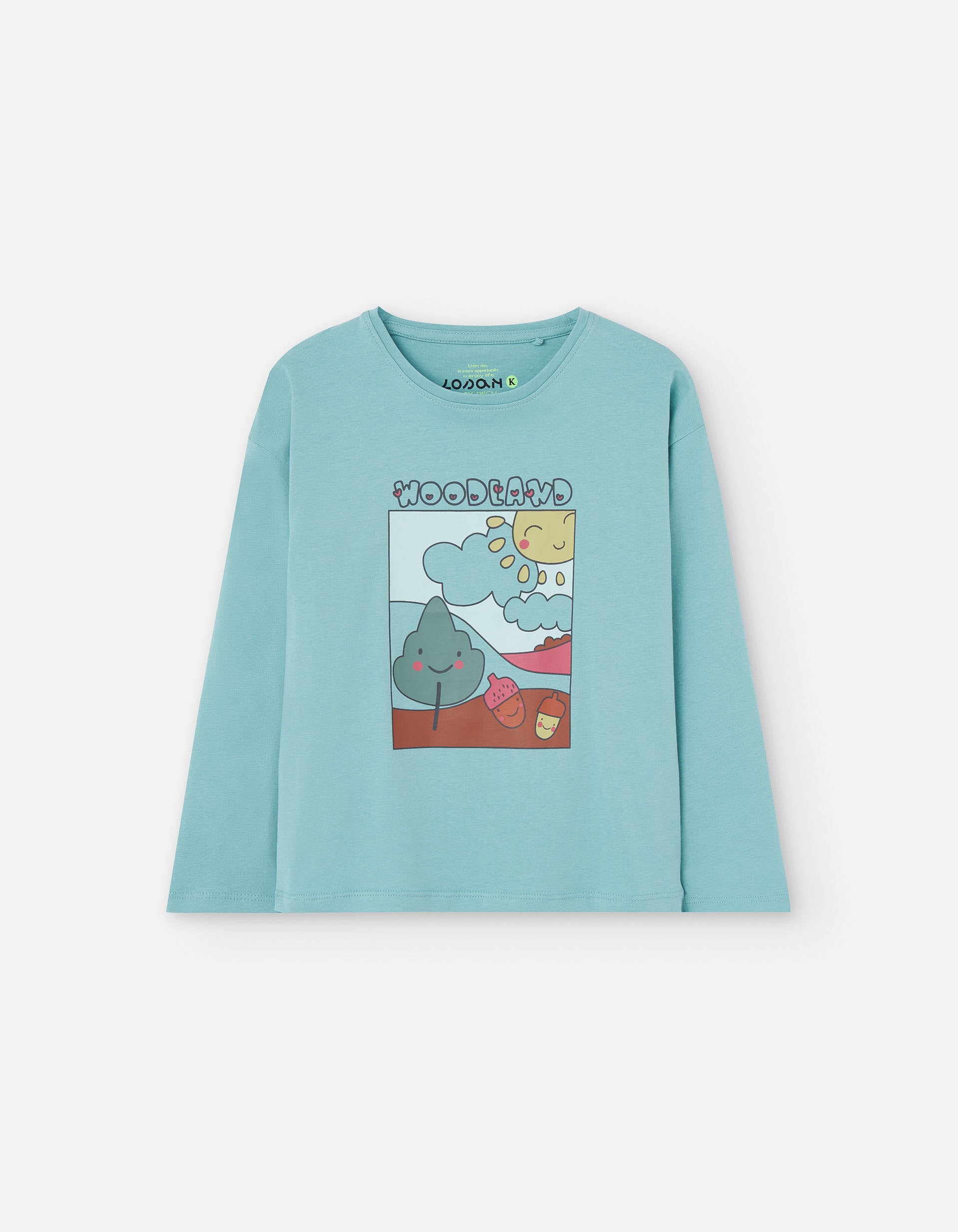 Long sleeve cotton T-shirt with 'woodland' print for girls, light blue