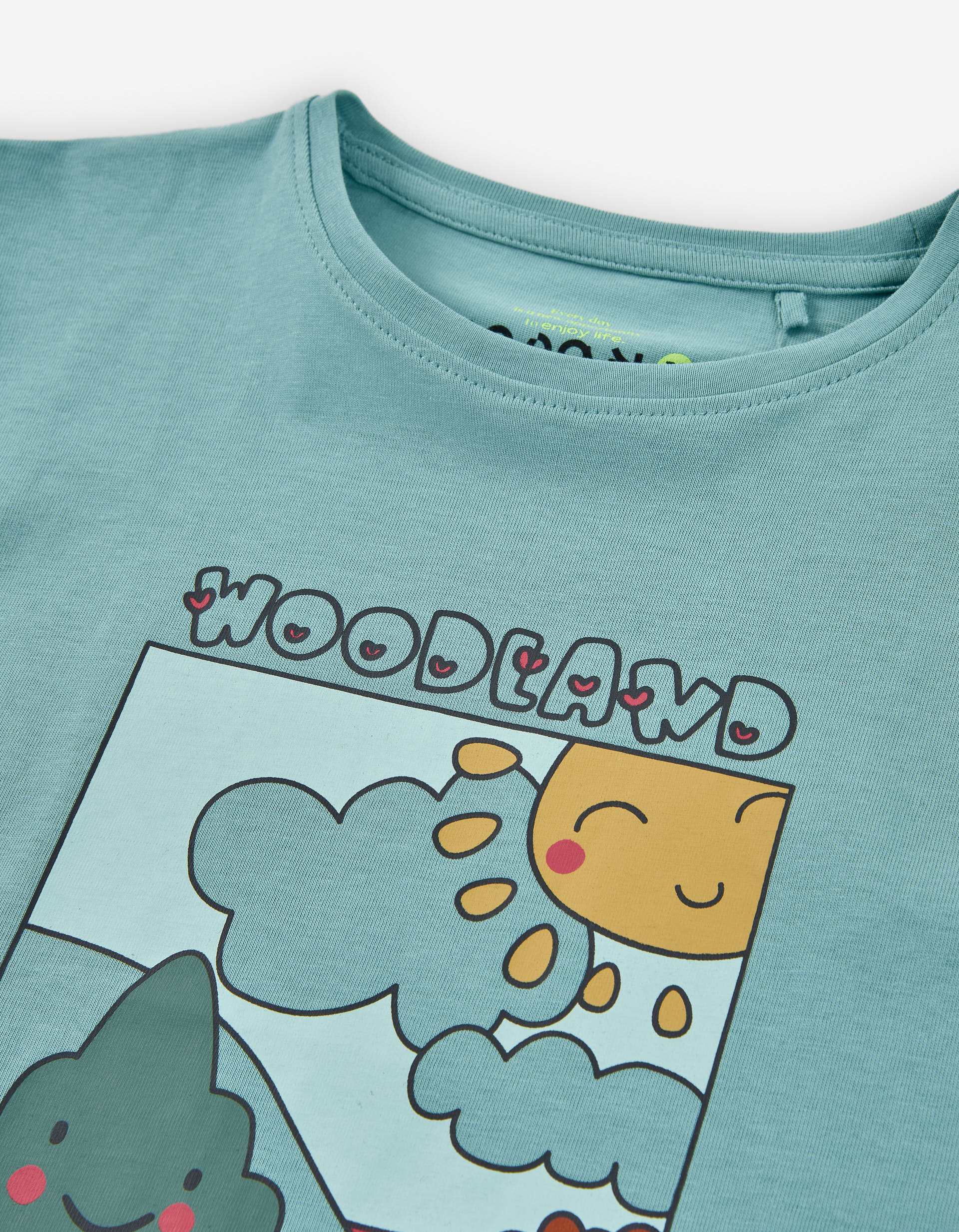 Long sleeve cotton T-shirt with 'woodland' print for girls, light blue