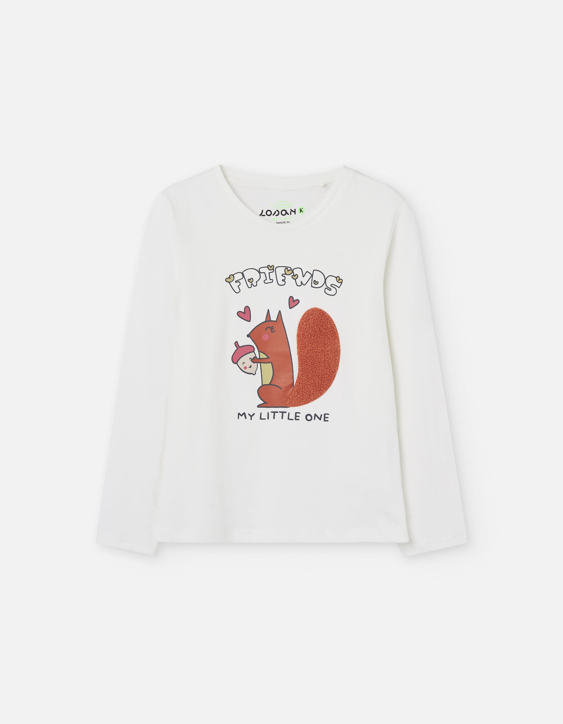 T-shirt de manga comprida de algodão 'esquilo' para menina, branco