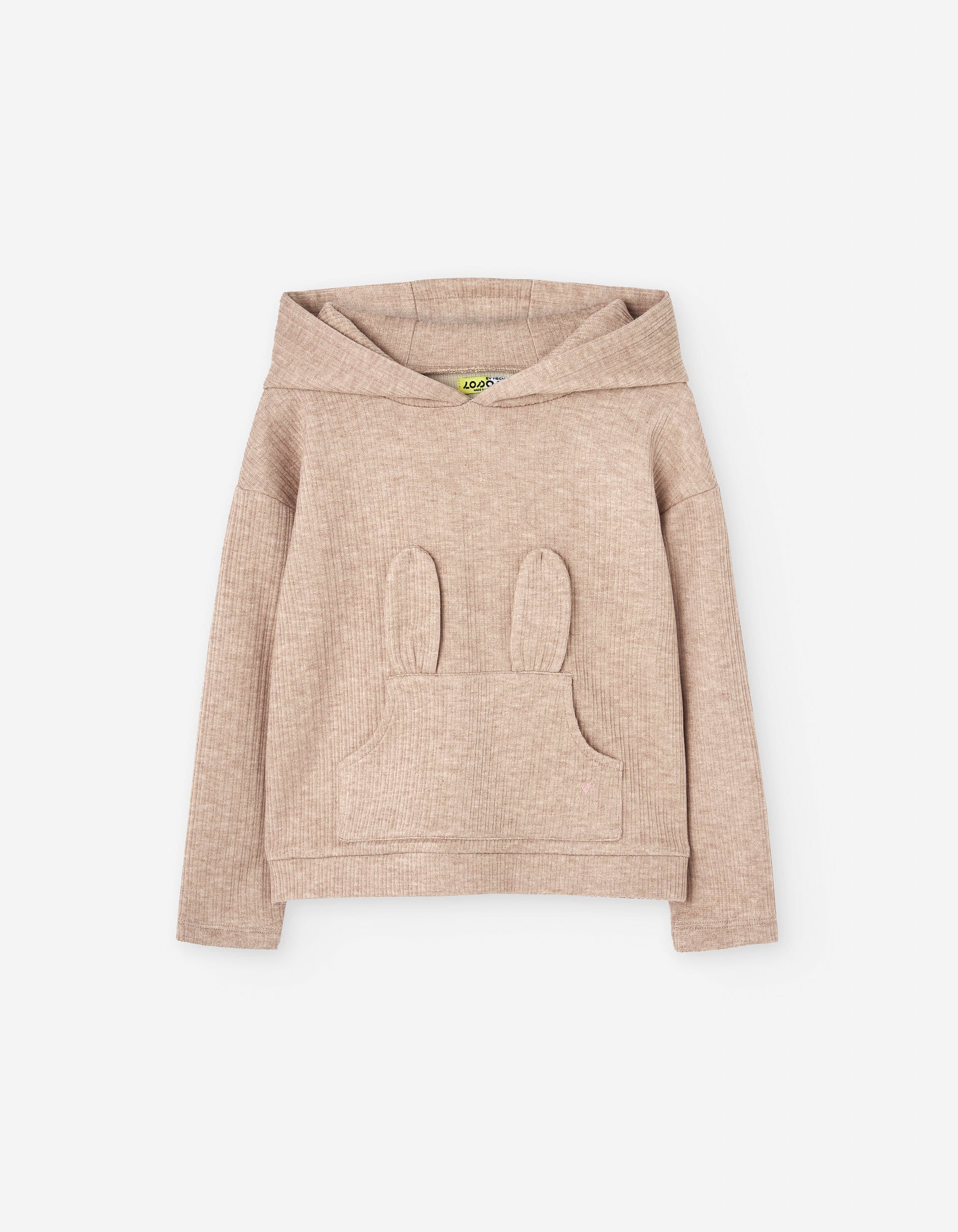Hooded ribbed T-shirt with 3D bunny ears for girls, beige
