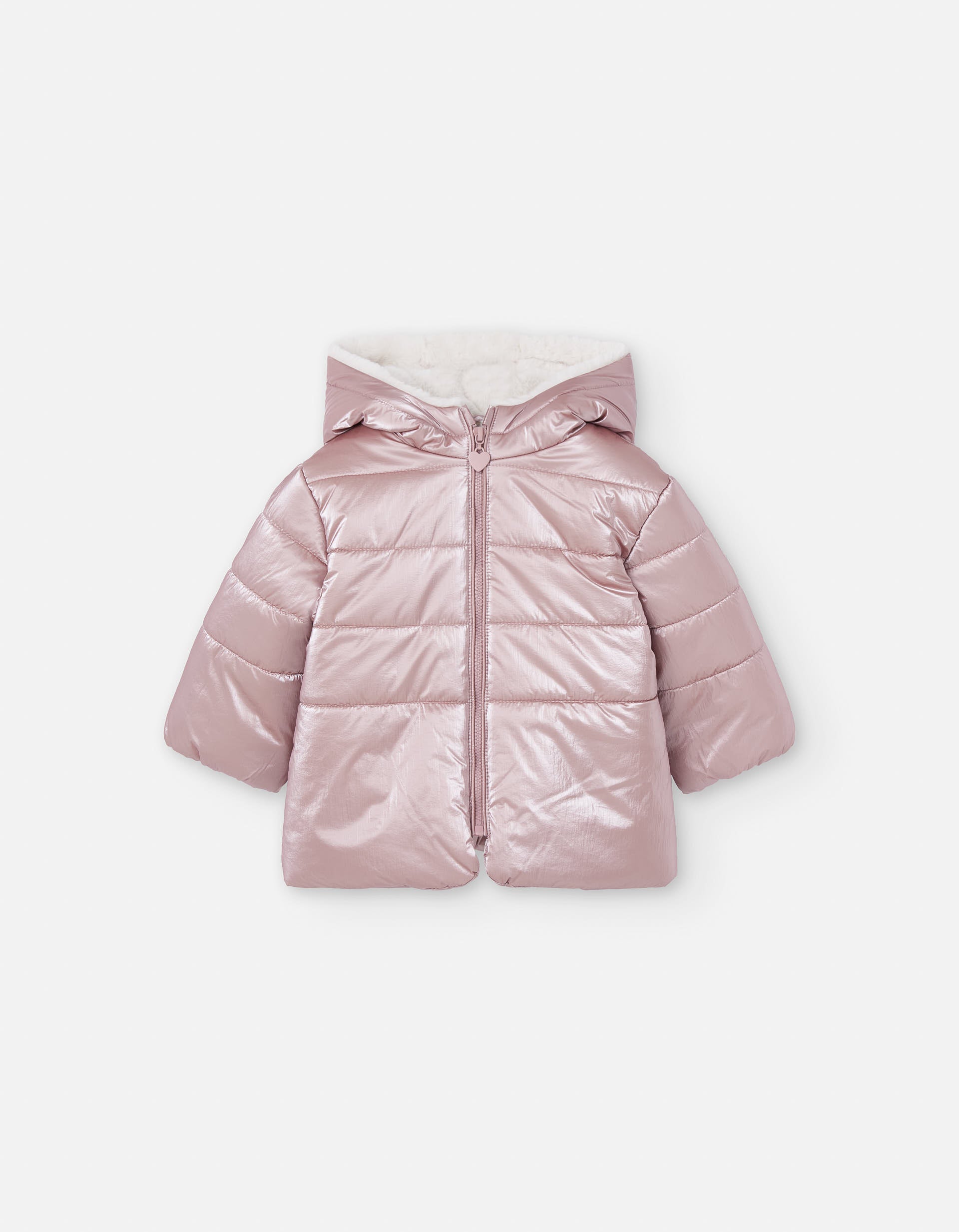Hooded puffer jacket with fleece lining for baby girls, shiny pink