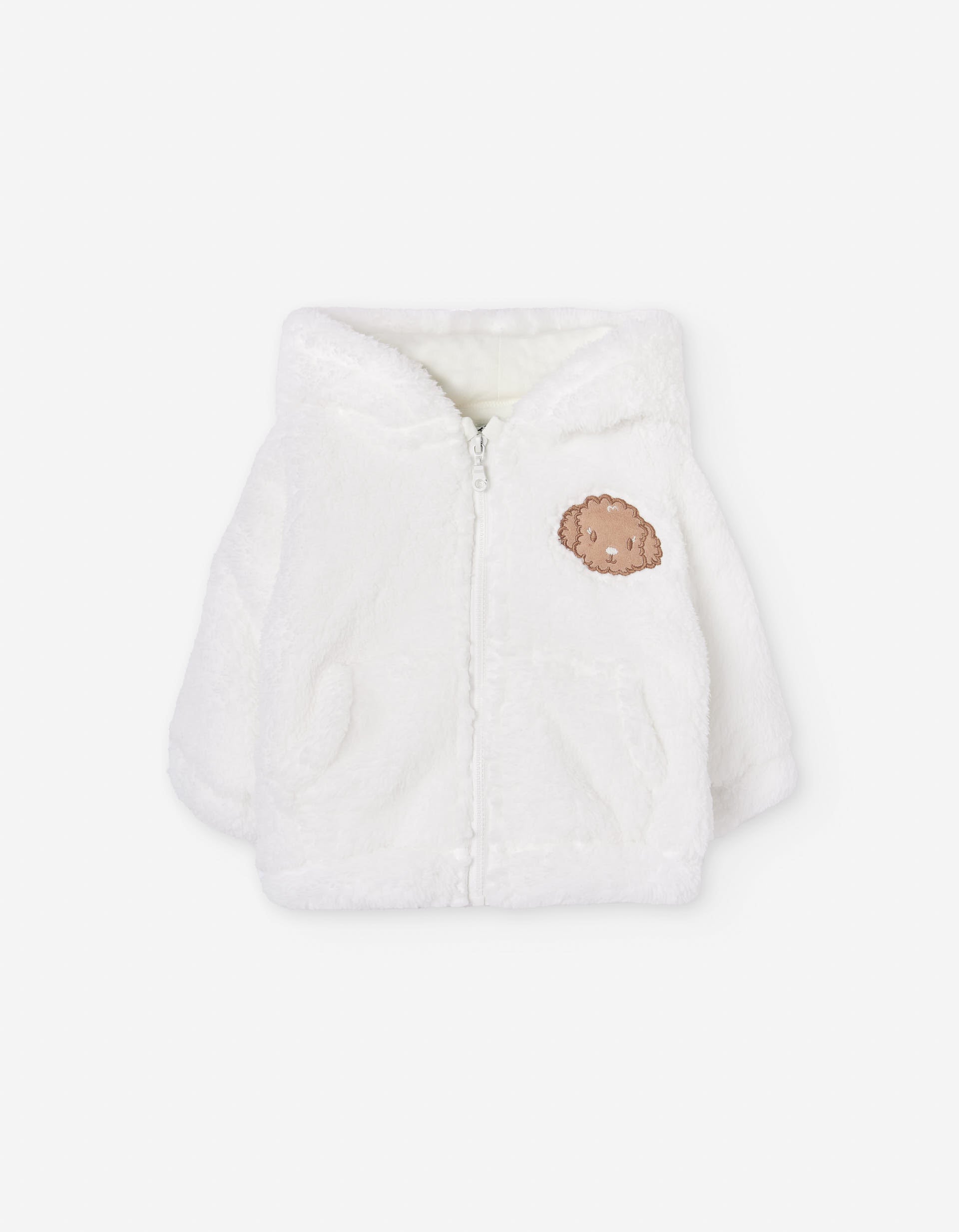 Faux fur hooded jacket with dog embroidery for baby girls, white