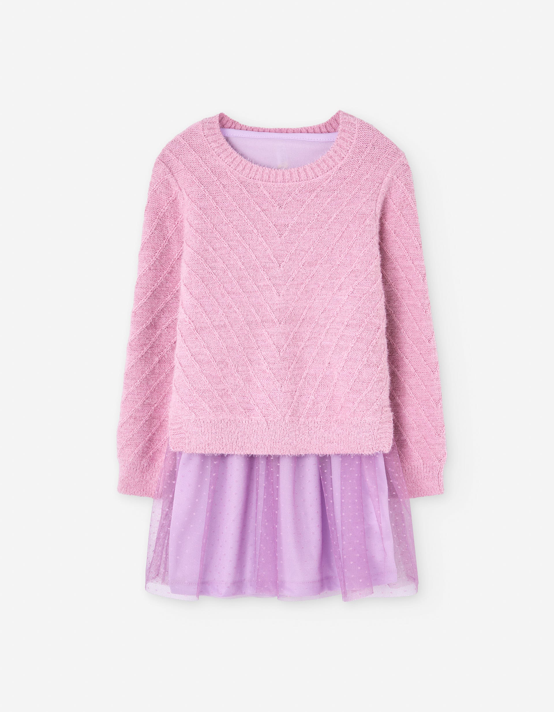 Vestido combinado de manga comprida com saia de tule para menina, rosa