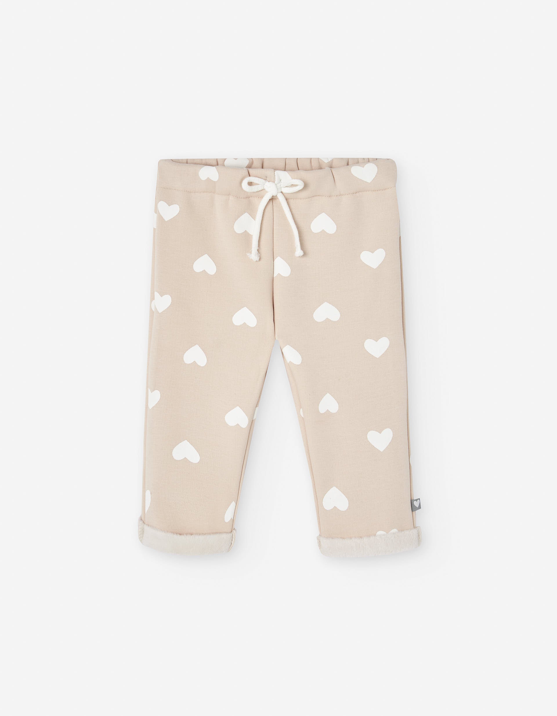 Trousers with plush lining and heart motif for baby girls, beige