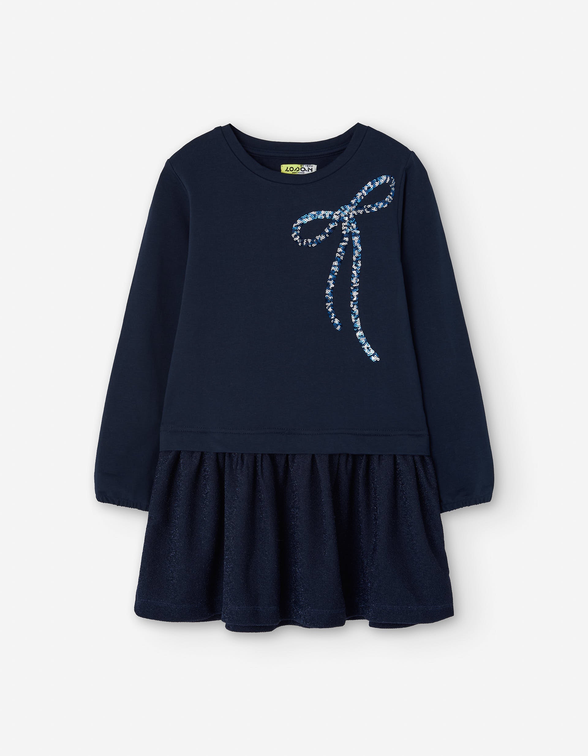 Vestido combinado de manga comprida com laço para menina, azul-escuro