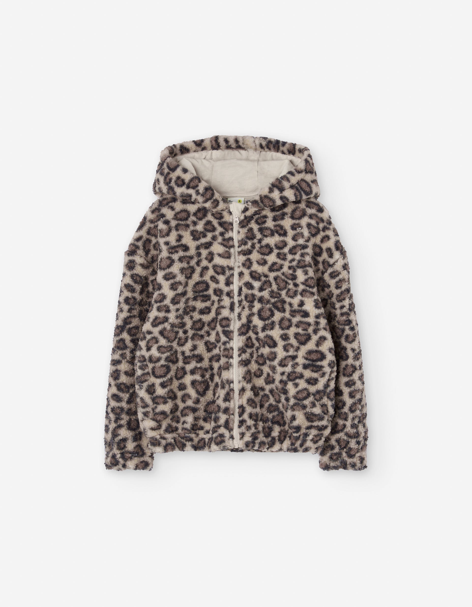 Faux fur hooded jacket with leopard print for girls, beige/brown