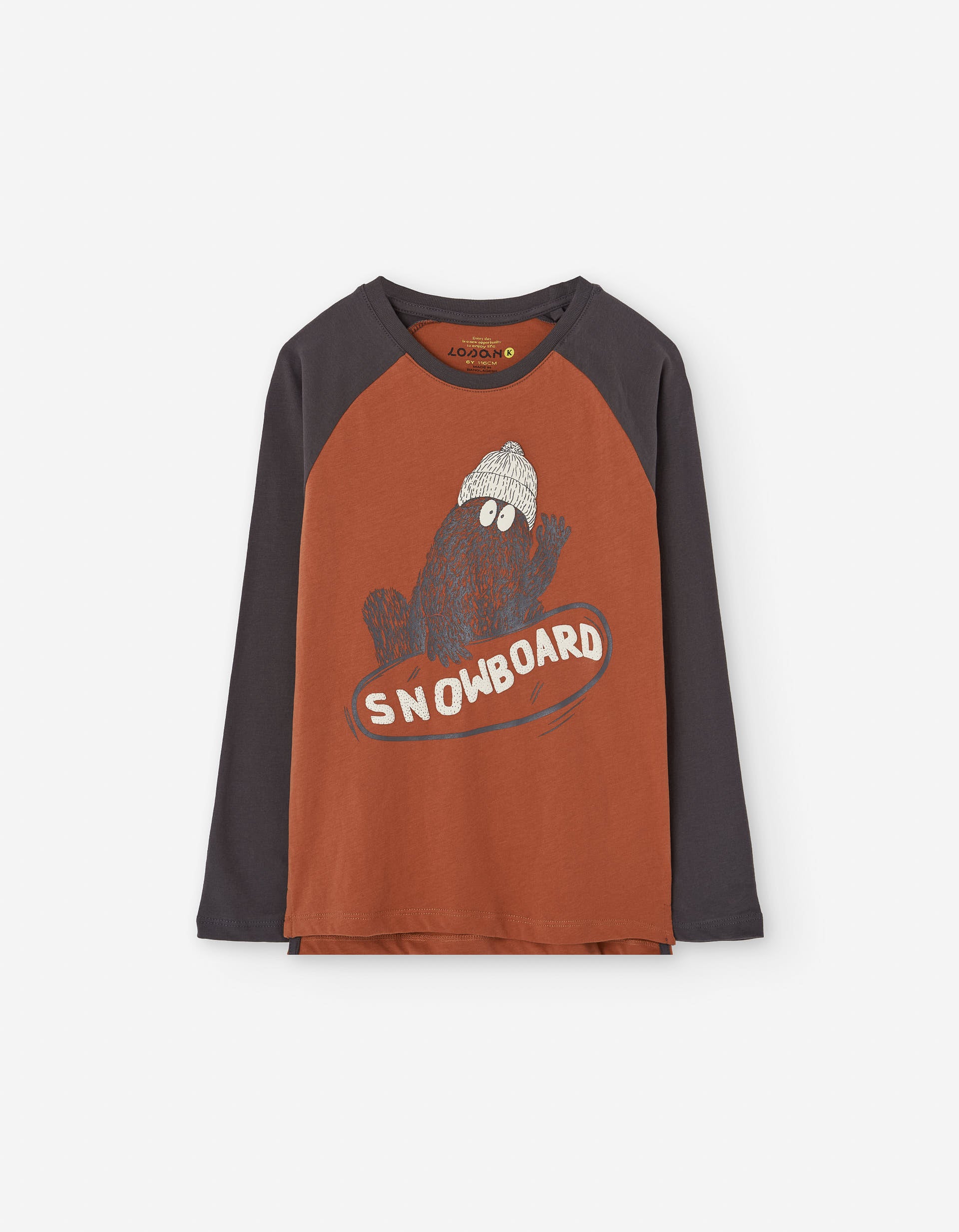 Long sleeve cotton T-shirt with snowboard print for boys, orange/brown