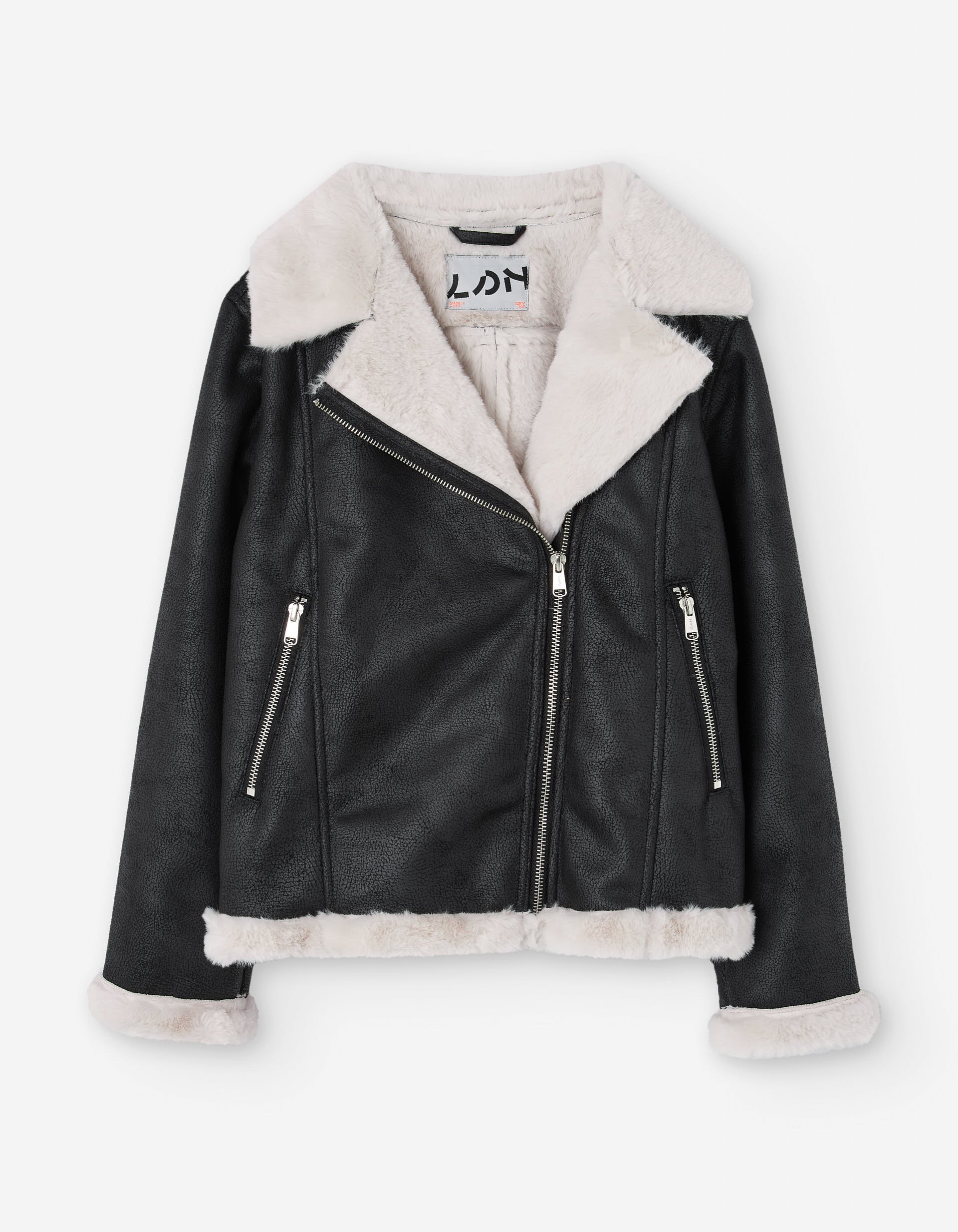 Biker jacket with faux fur lining for girls, black/white