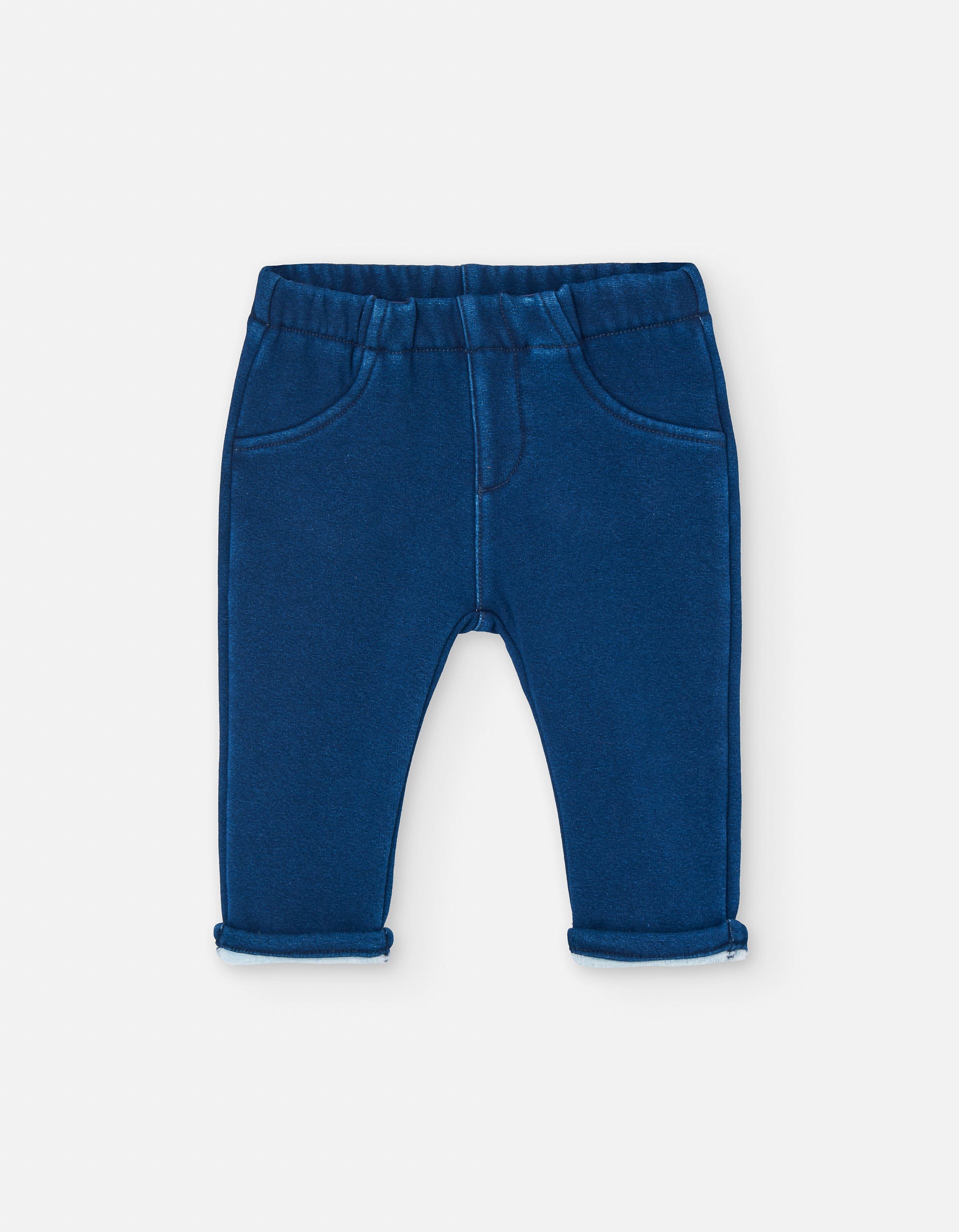 Denim trousers with fleece lining for baby girls, blue