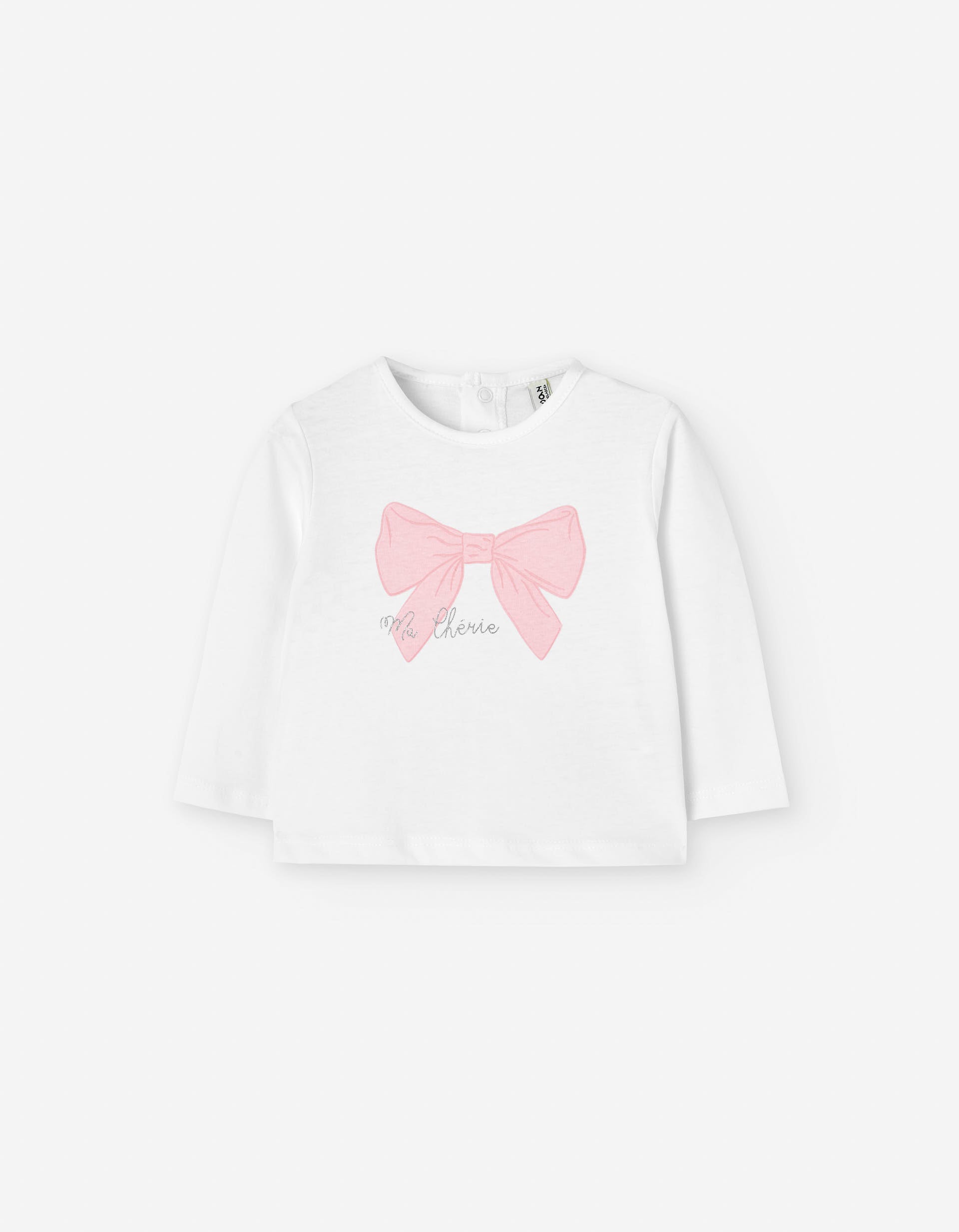 Long sleeve cotton T-shirt with bow print for baby girls, white