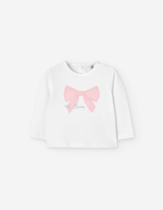 Long sleeve cotton T-shirt with bow print for baby girls, white