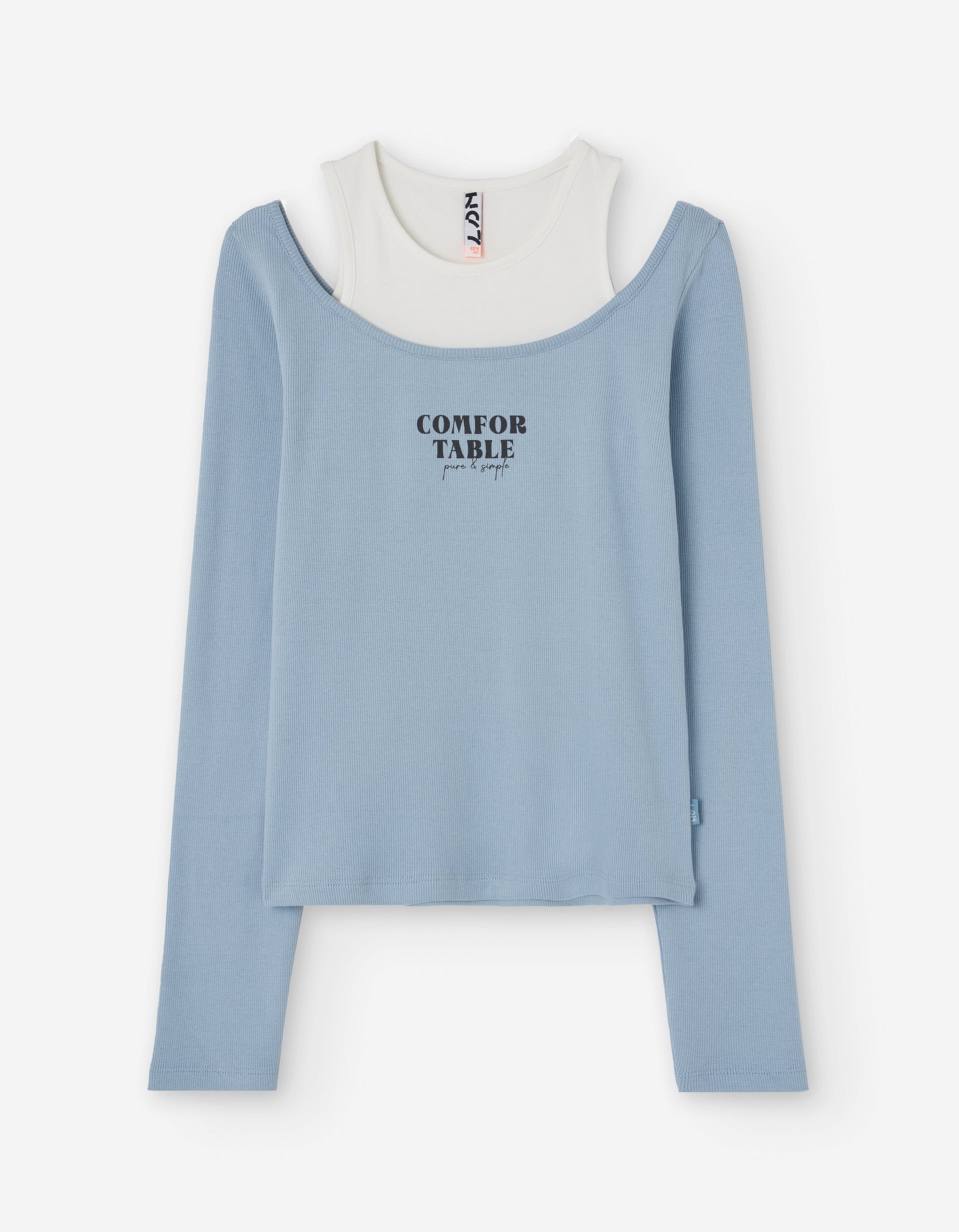 Long sleeve ribbed cotton T-shirt with print for girls, blue/white