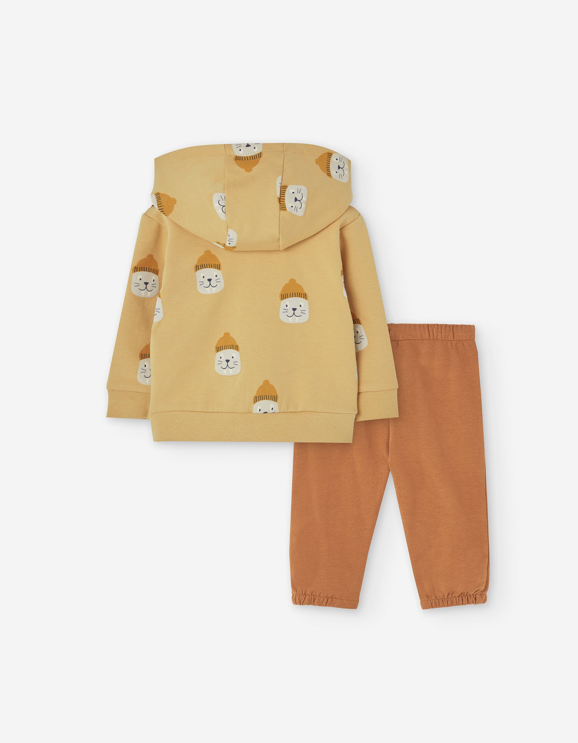 Brushed jacket + joggers with walrus motif for baby boys, yellow/orange